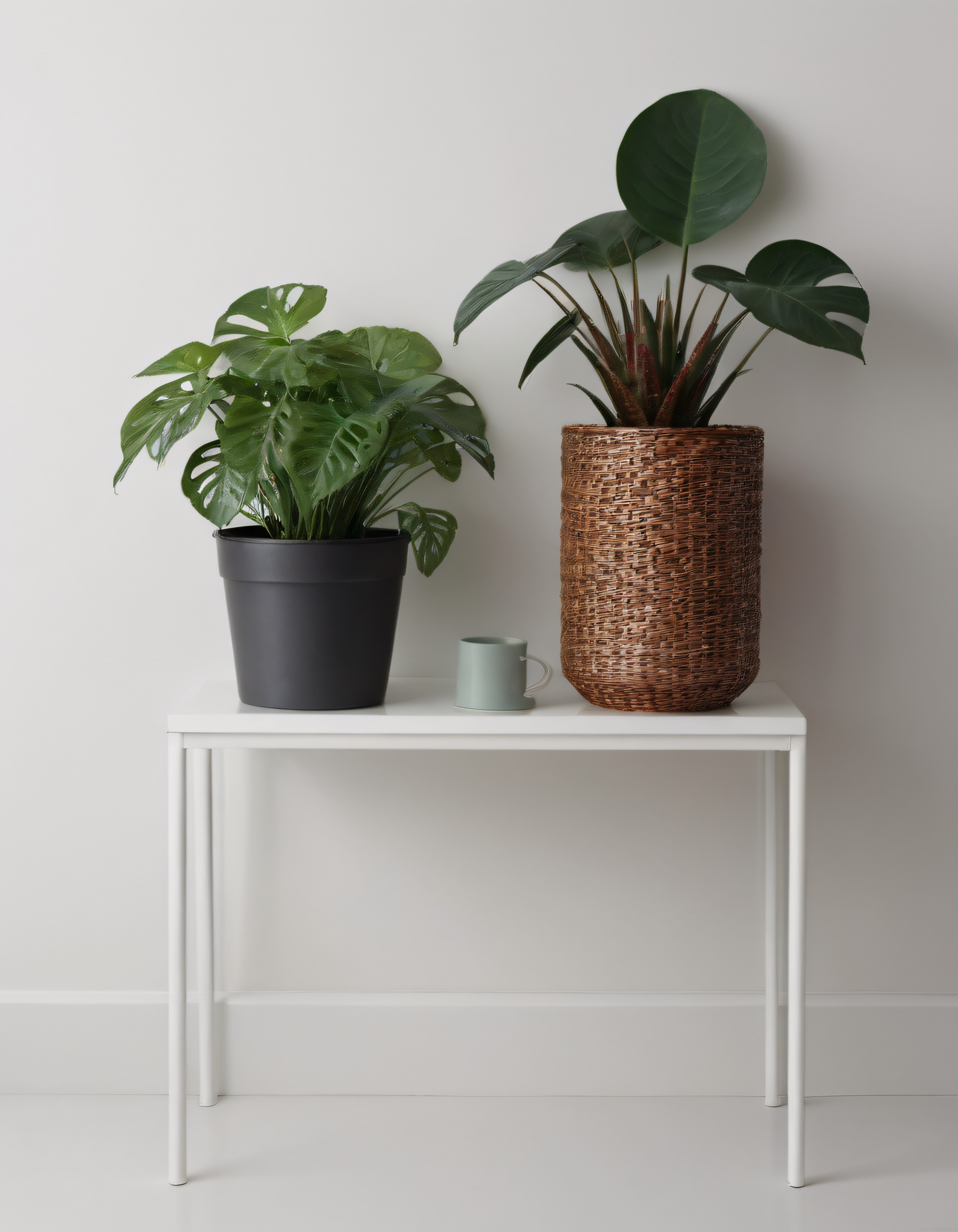 Beyaz Duvar Önünde Minimalist İç Mekan Süs Bitkileri ve Sepet Saksı Düzenlemesi