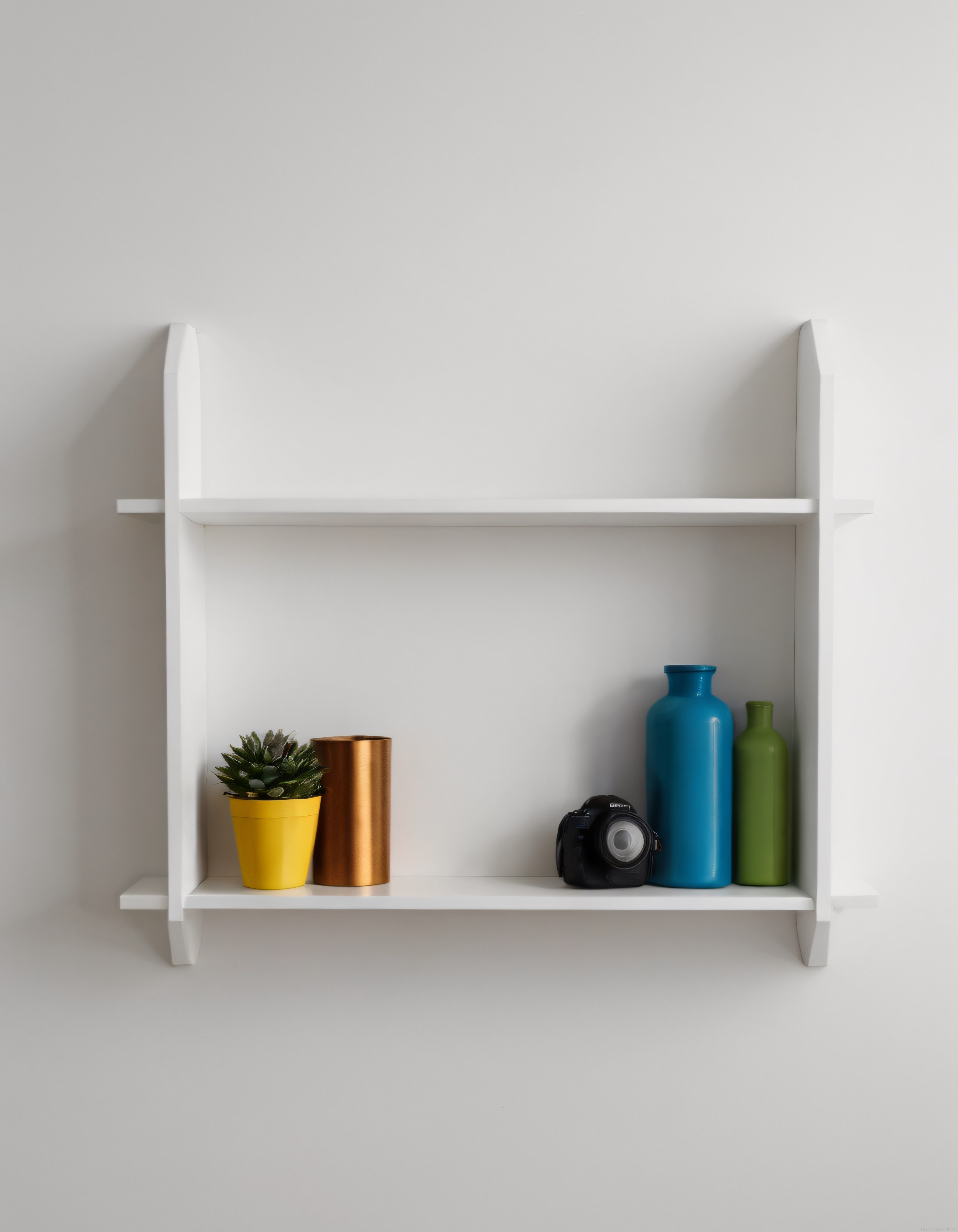 Beyaz duvar rafında minimalist dekor: kamera, sukulent ve renkli şişeler