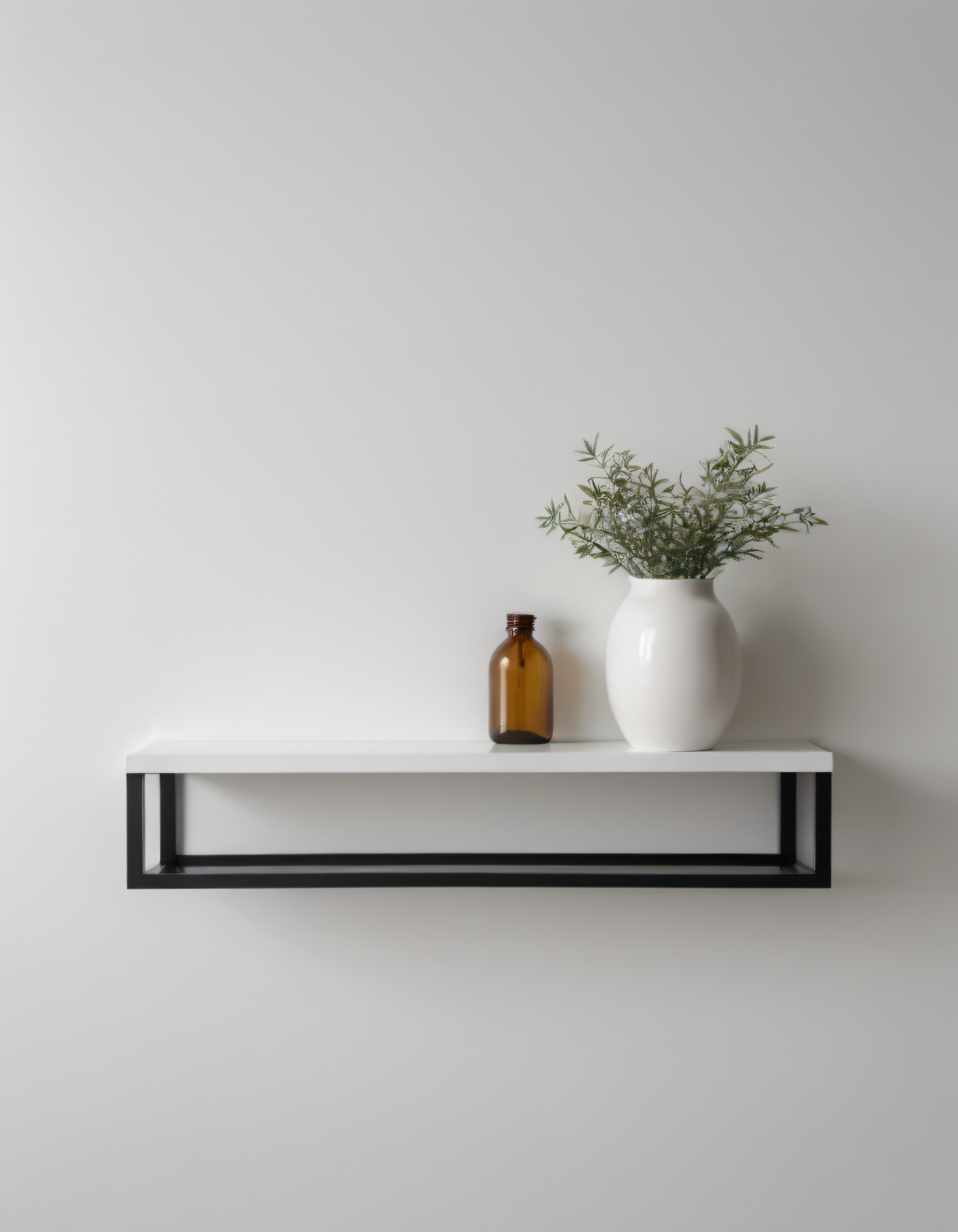 Beyaz duvar rafında minimalist vazo ve yeşil bitki ile sade ev dekorasyonu