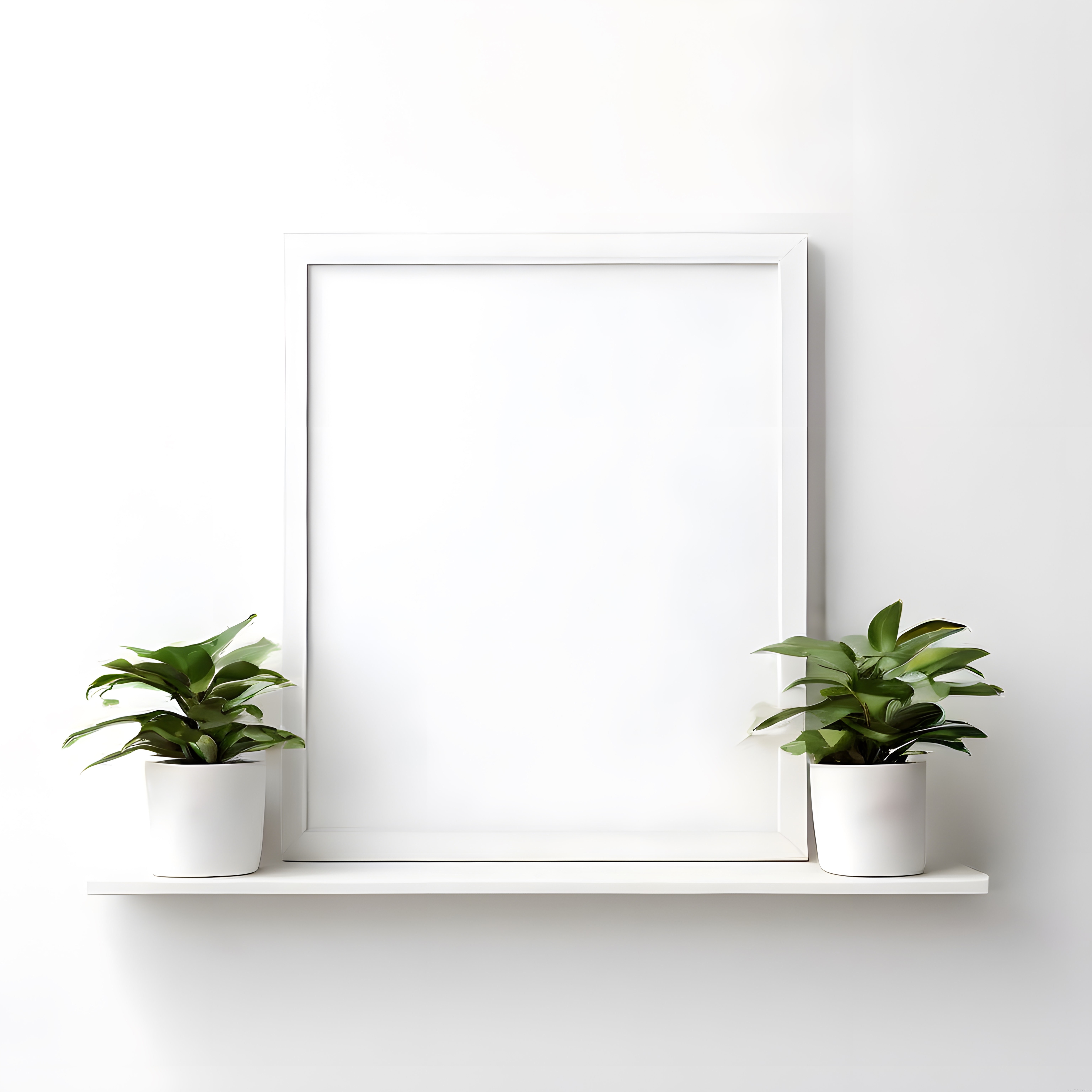 Beyaz Duvar Üzerinde Minimalist Raf Dekorasyonu Boş Çerçeve ve Yeşil Bitkiler