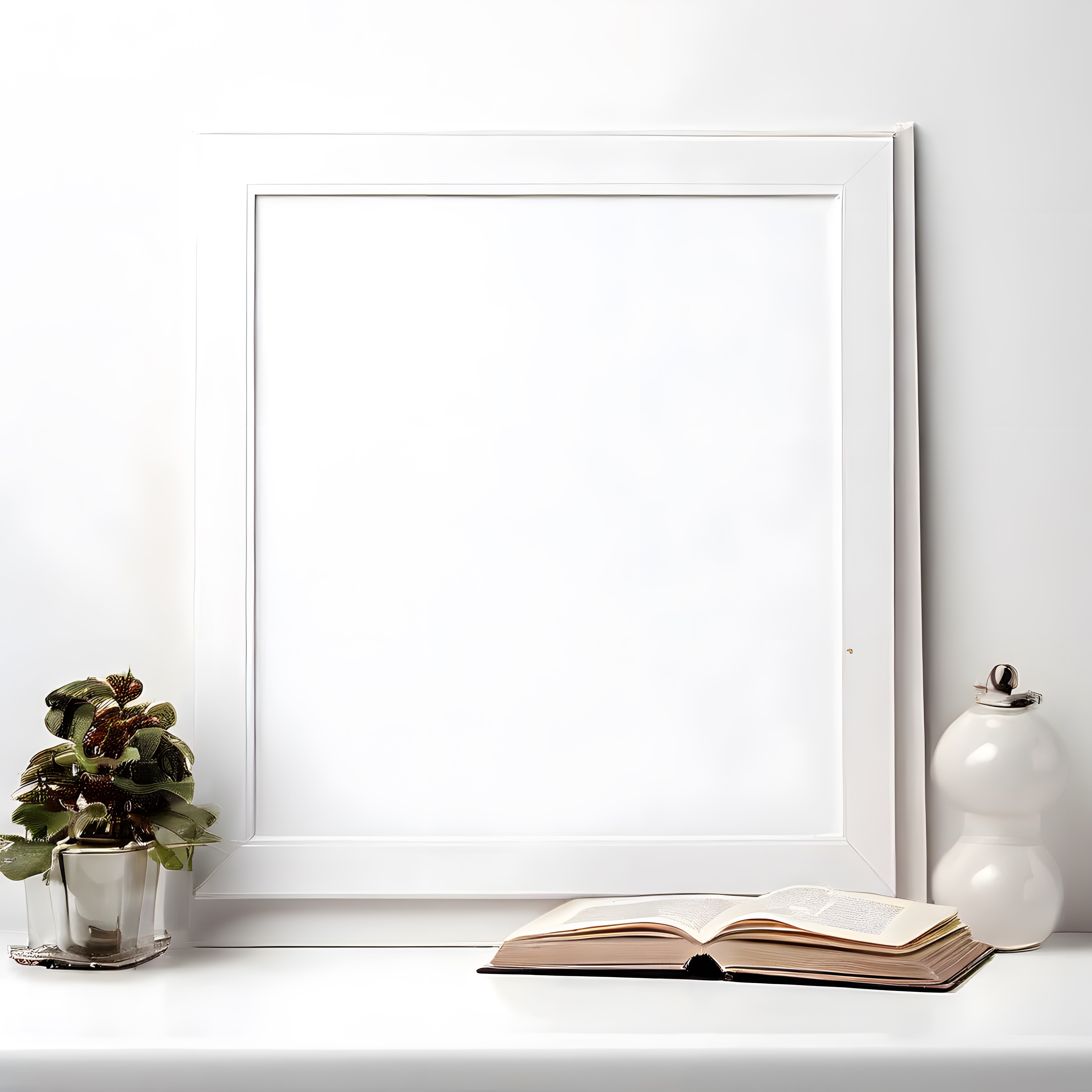 Beyaz Duvara Asılı Boş Çerçeve ve Kitaplı Minimalist Dekorasyon Örneği