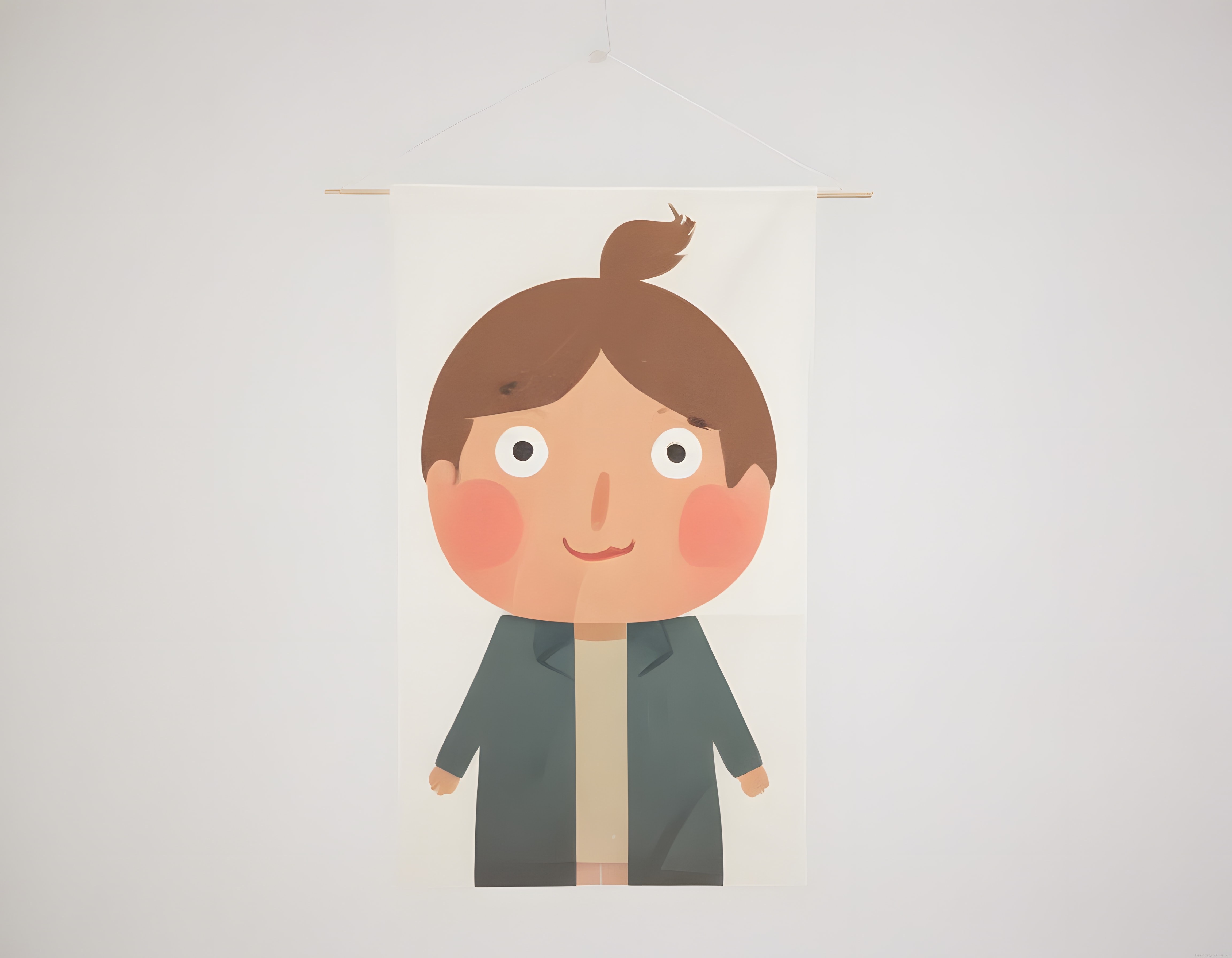 Beyaz Duvara Asılı Sevimli Çizgi Karakteri ve Minimalist Dijital Sanat Eseri