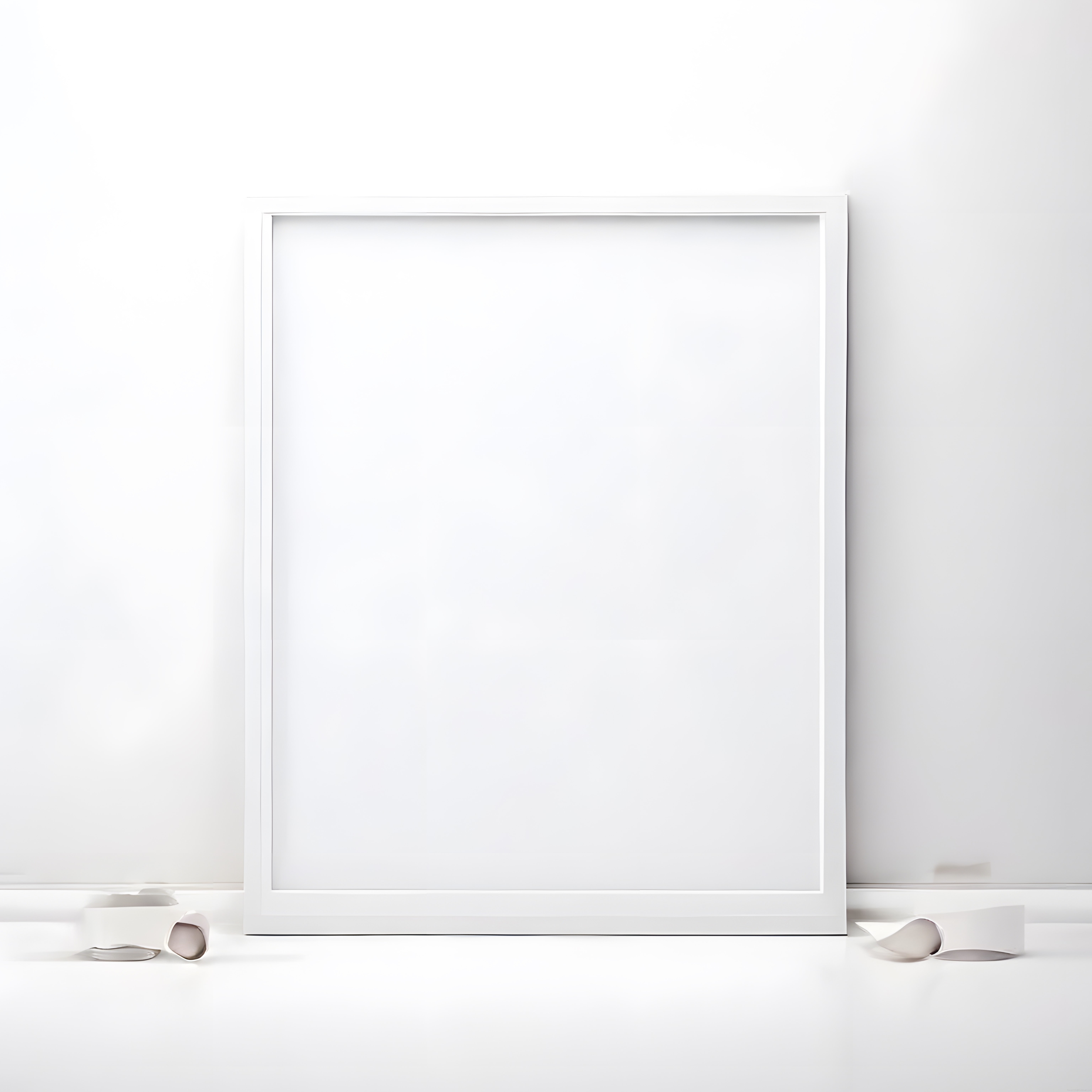 Beyaz Duvara Yaslanmış Boş Çerçeve ve Kağıt Rulolarıyla Minimalist Stüdyo