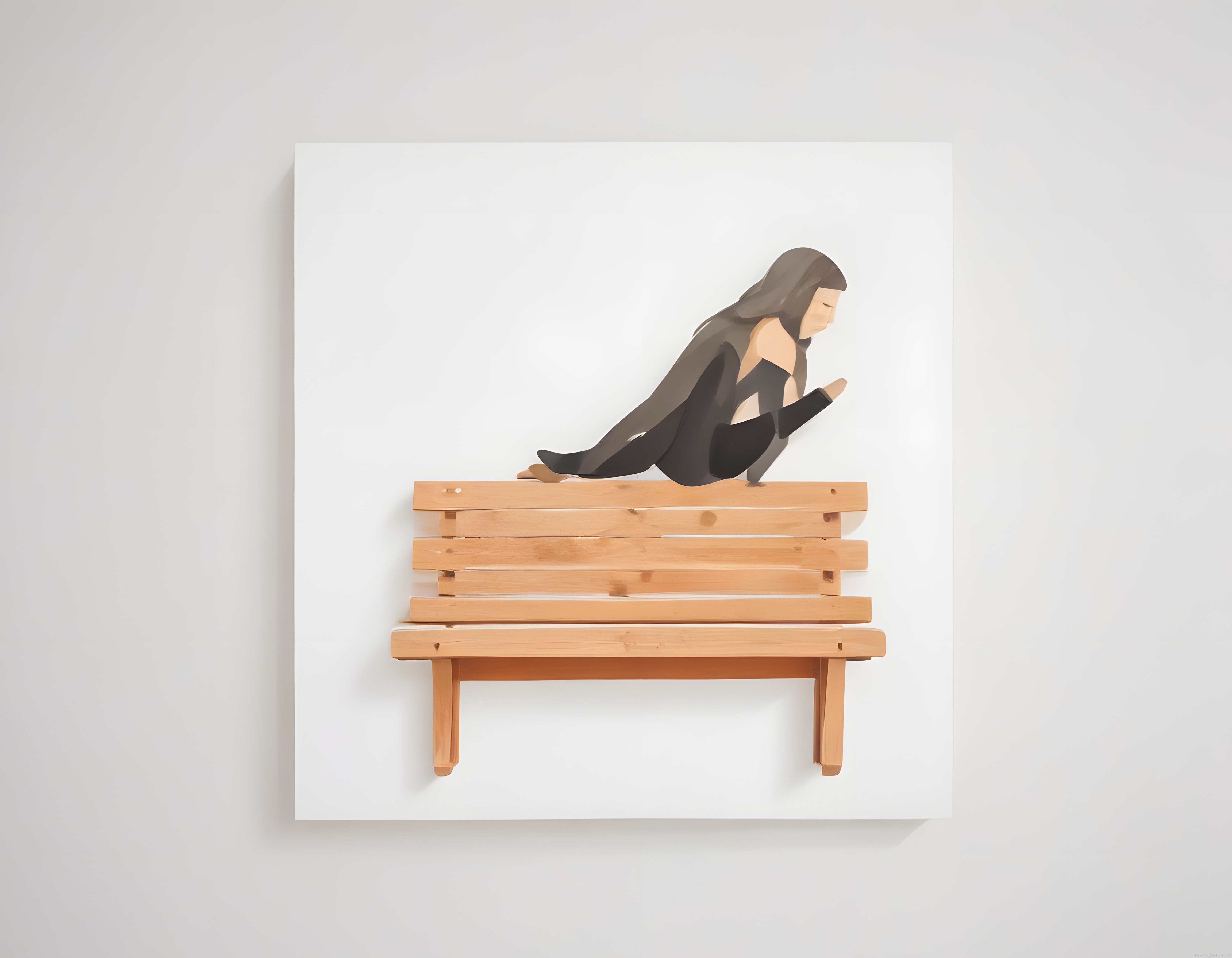 Beyaz duvarda ahşap bank ve oturan kadın figürlü minimalist sanat çalışması