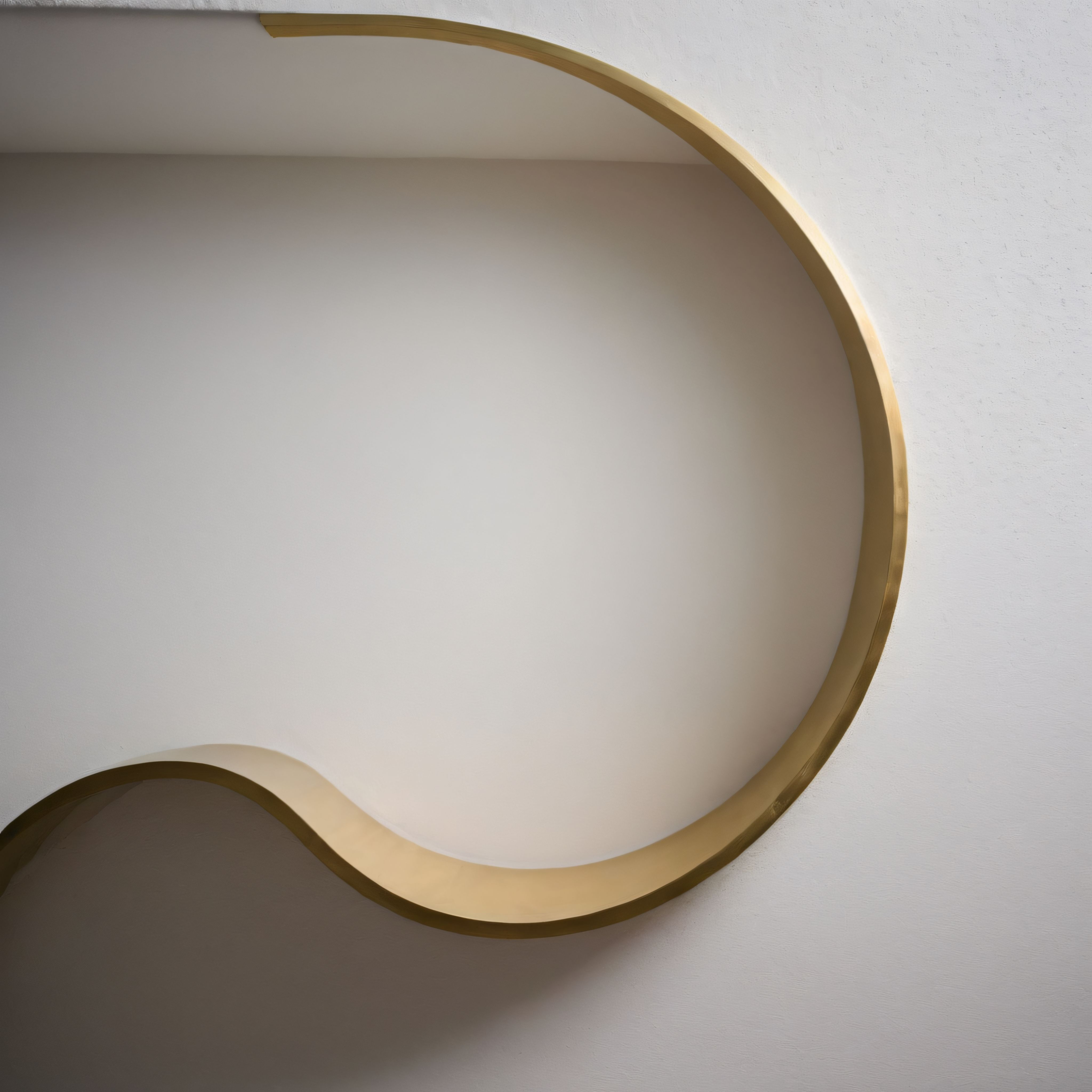 Beyaz duvarda asılı dalgalı bronz metal duvar heykeli ve modern minimalist dekorasyon