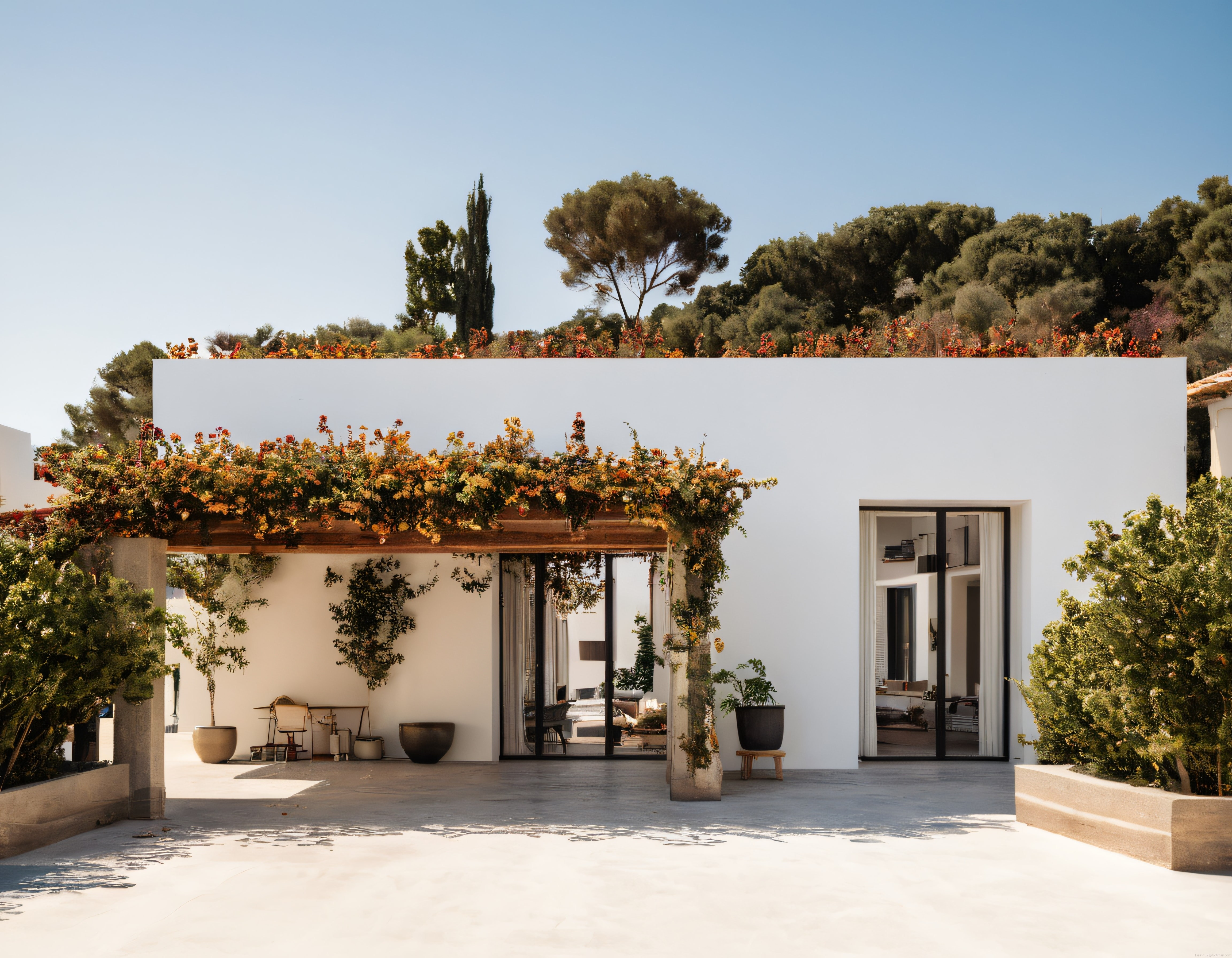 Beyaz Duvarlar ve Çiçekli Pergolayla Akdeniz Stili Modern Villa Avlusu