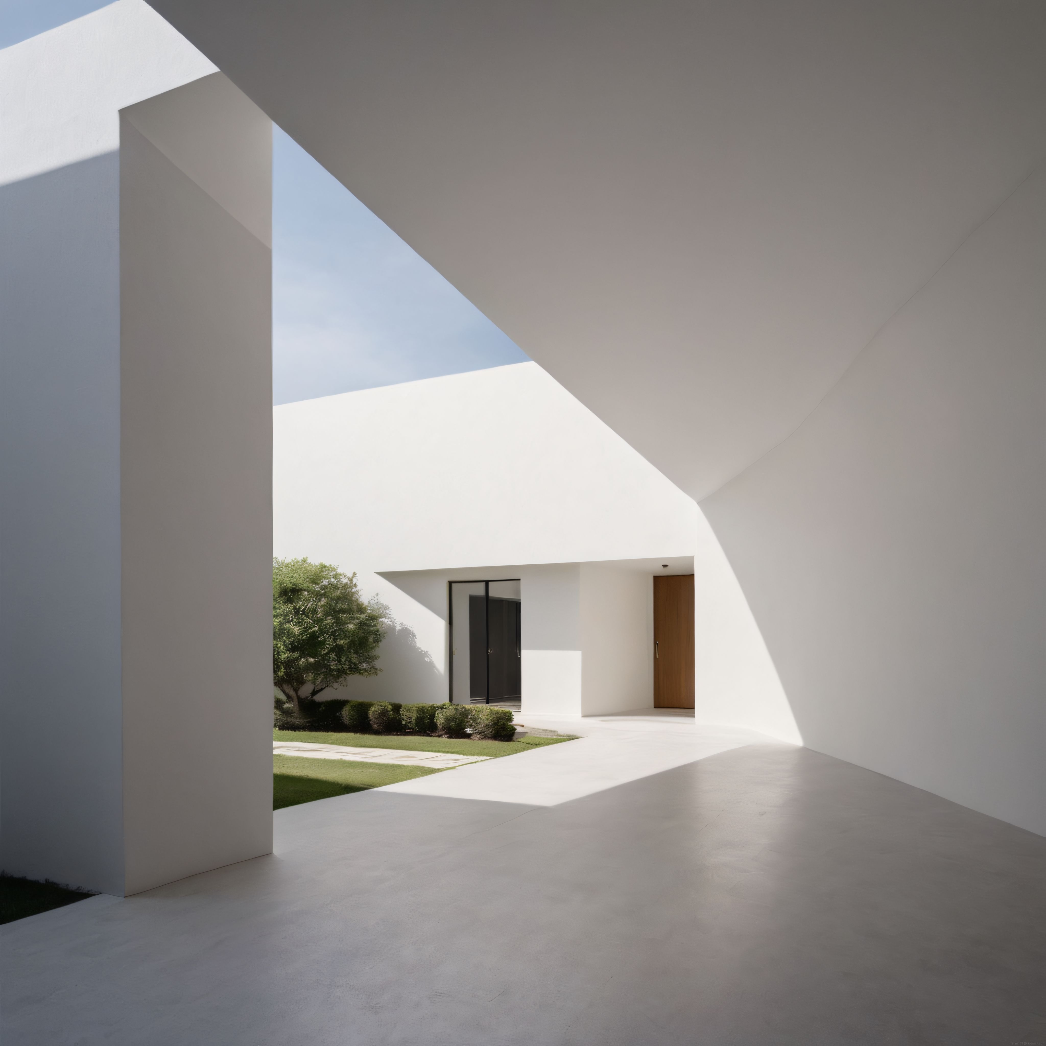 Beyaz Duvarlar ve Geometrik Çizgilerle Süslenmiş Modern Minimalist Mimari Avlu