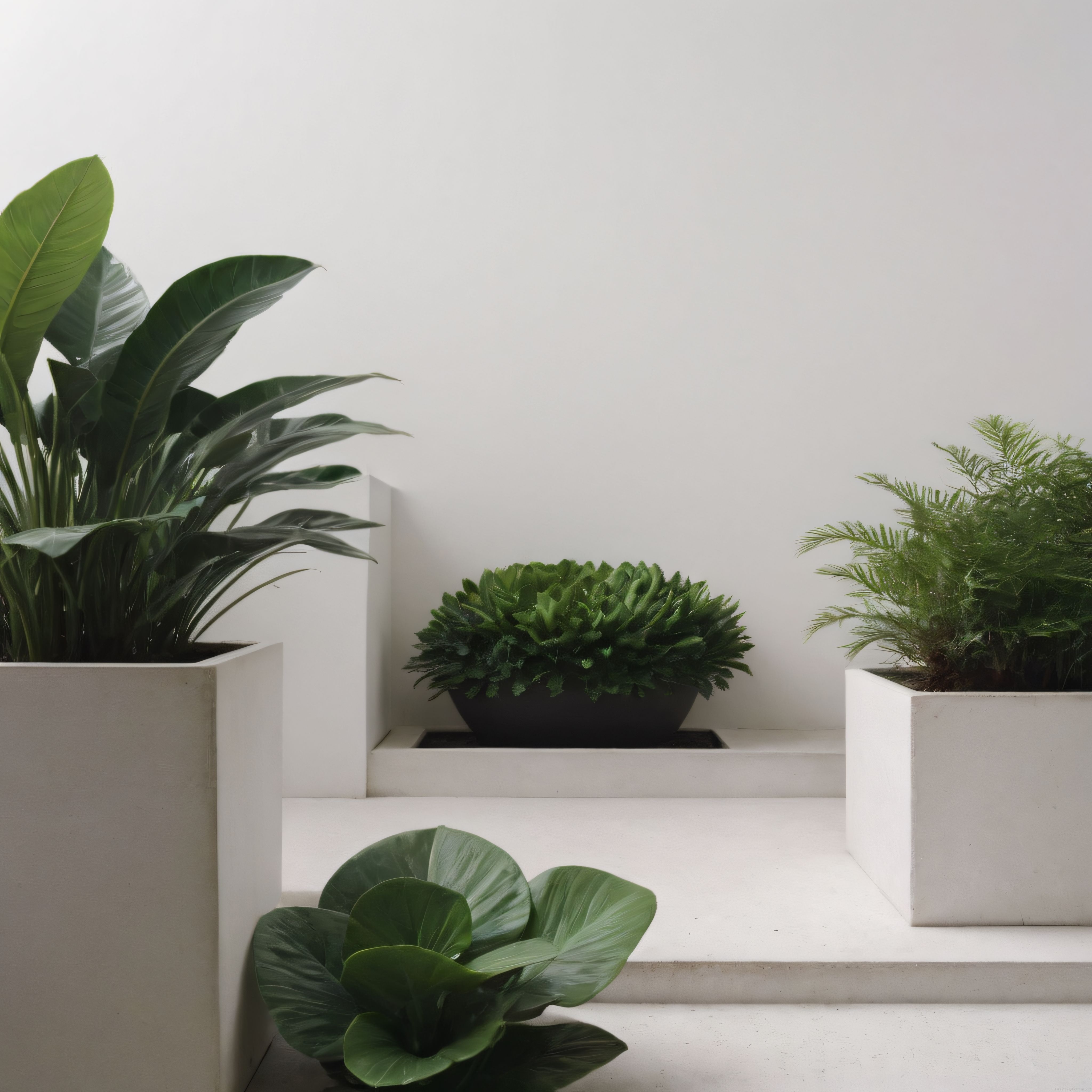 Beyaz Duvarlar ve Modern Saksılarla Minimalist İç Mekan Bitki Dekorasyonu