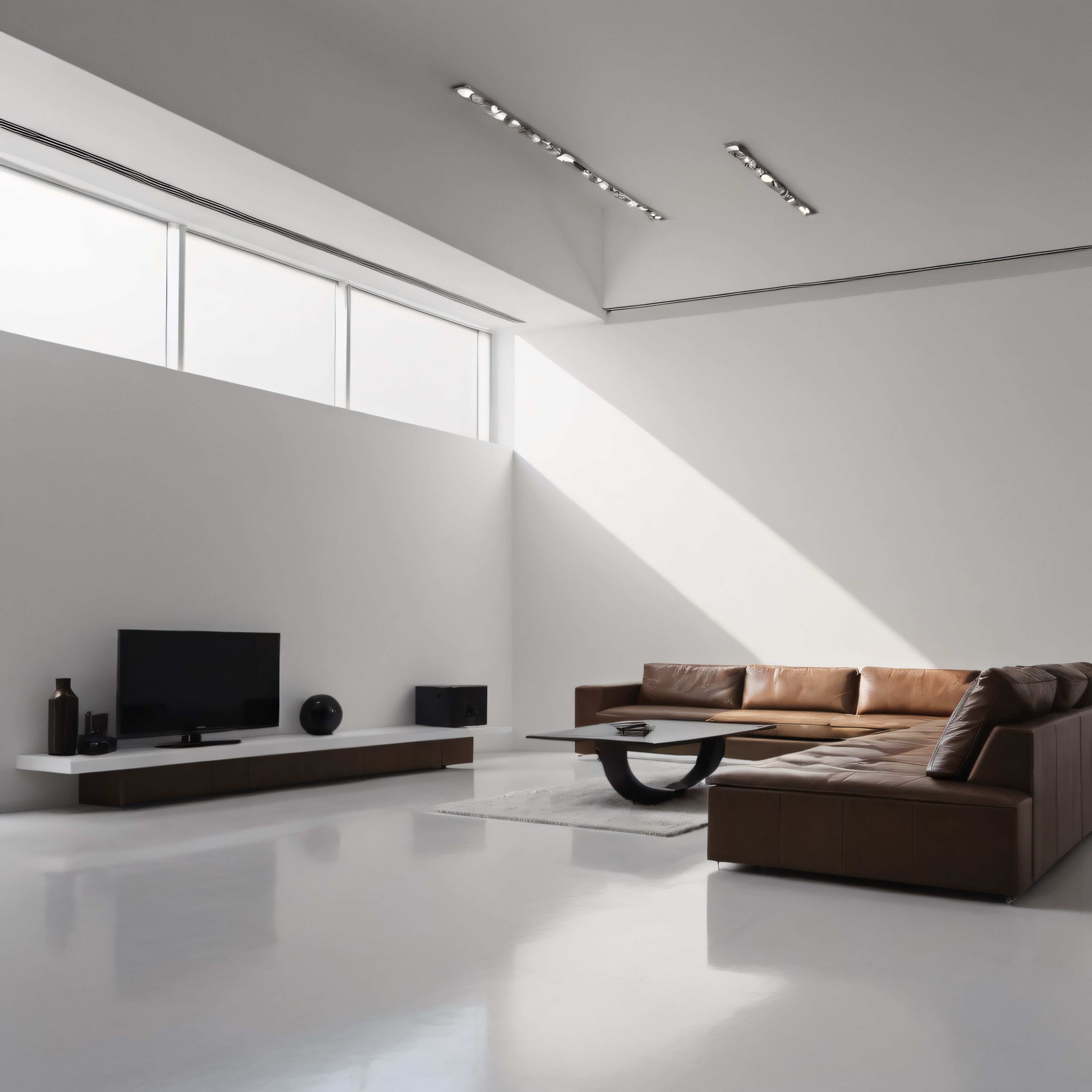 Beyaz Duvarlar ve Taba Deri Koltuklu Modern Minimalist Oturma Odası Dekorasyonu