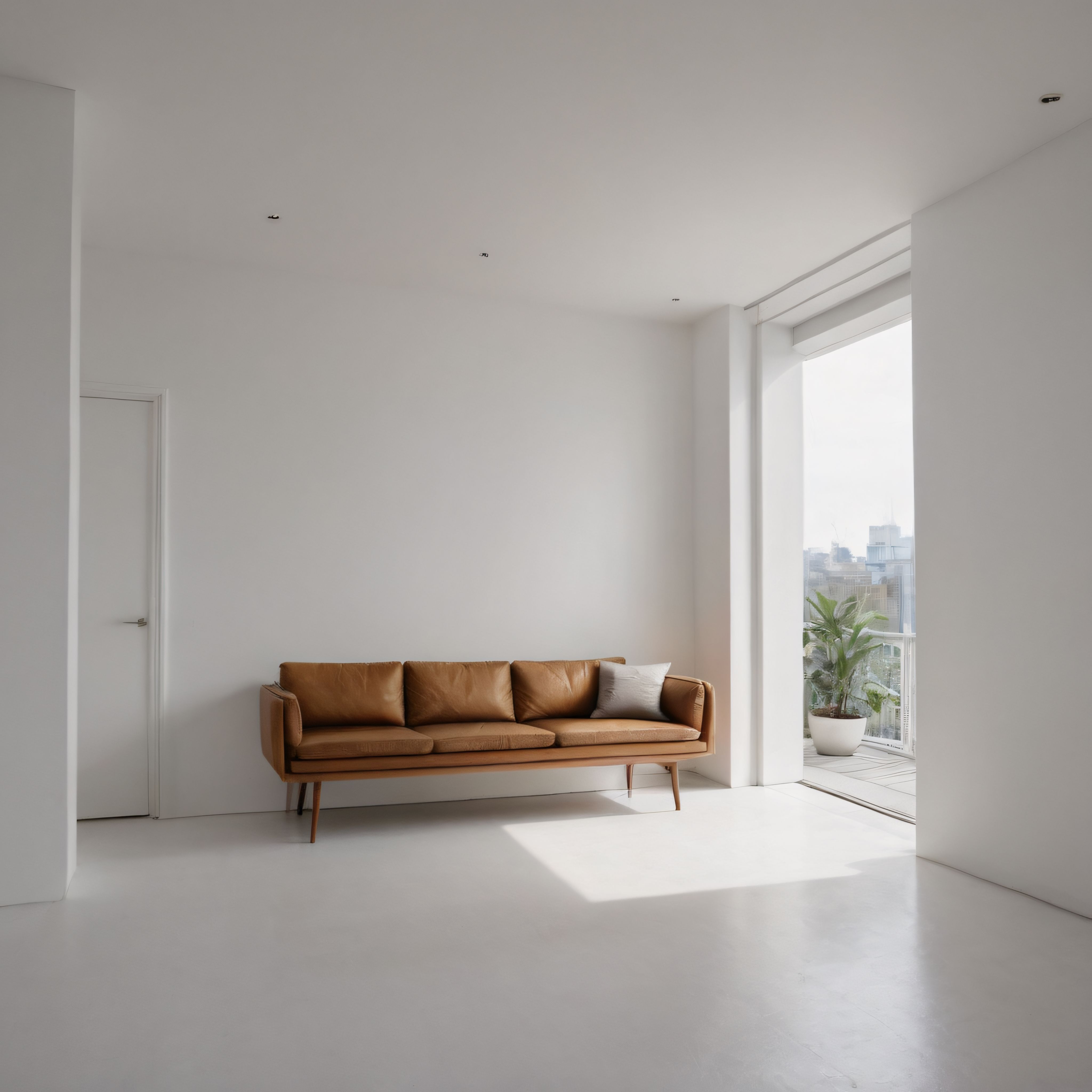 Beyaz Duvarlar ve Taba Rengi Deri Kanepeyle Huzurlu Minimalist Salon Atmosferi