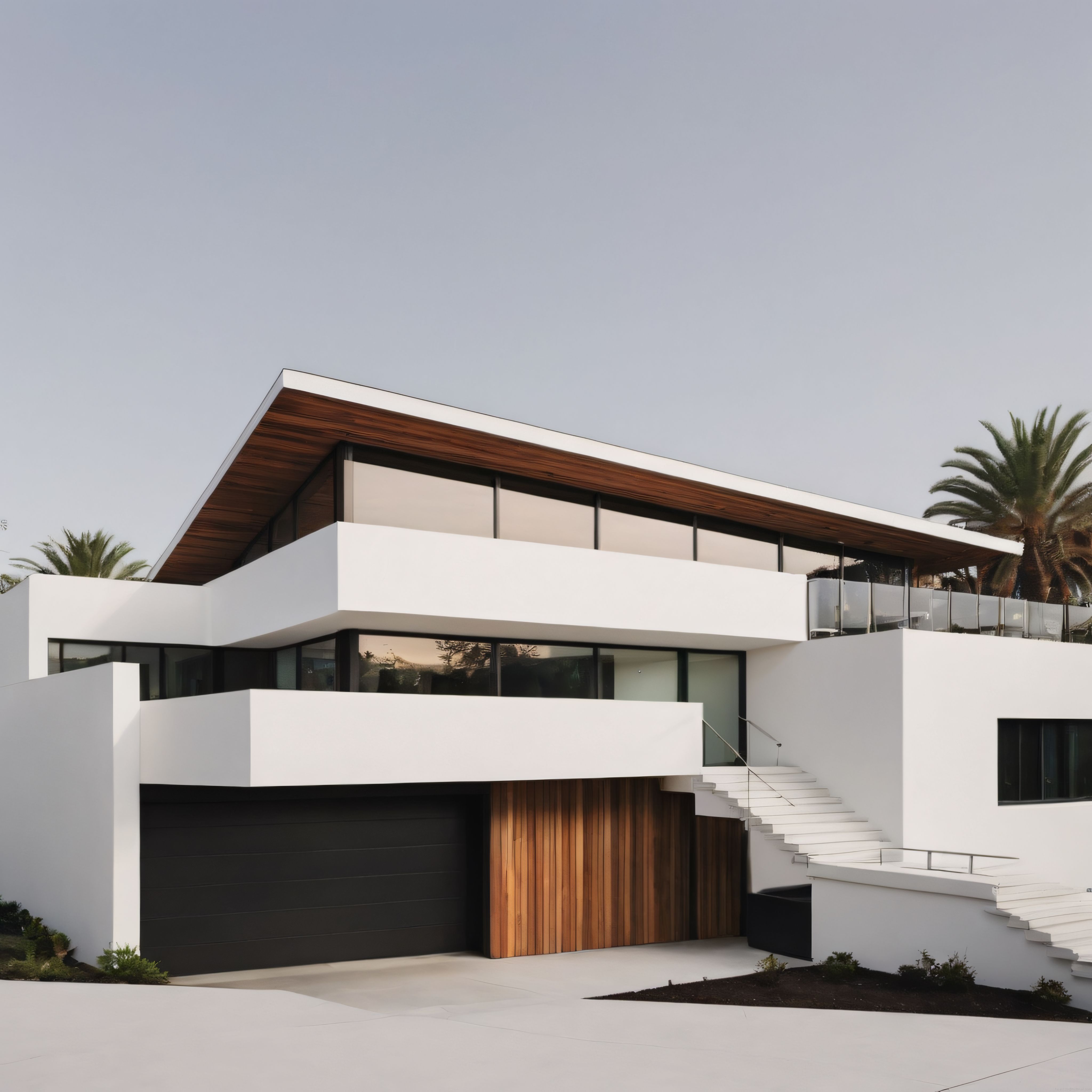 Beyaz duvarları ve ahşap detaylarıyla dikkat çeken çağdaş lüks villa