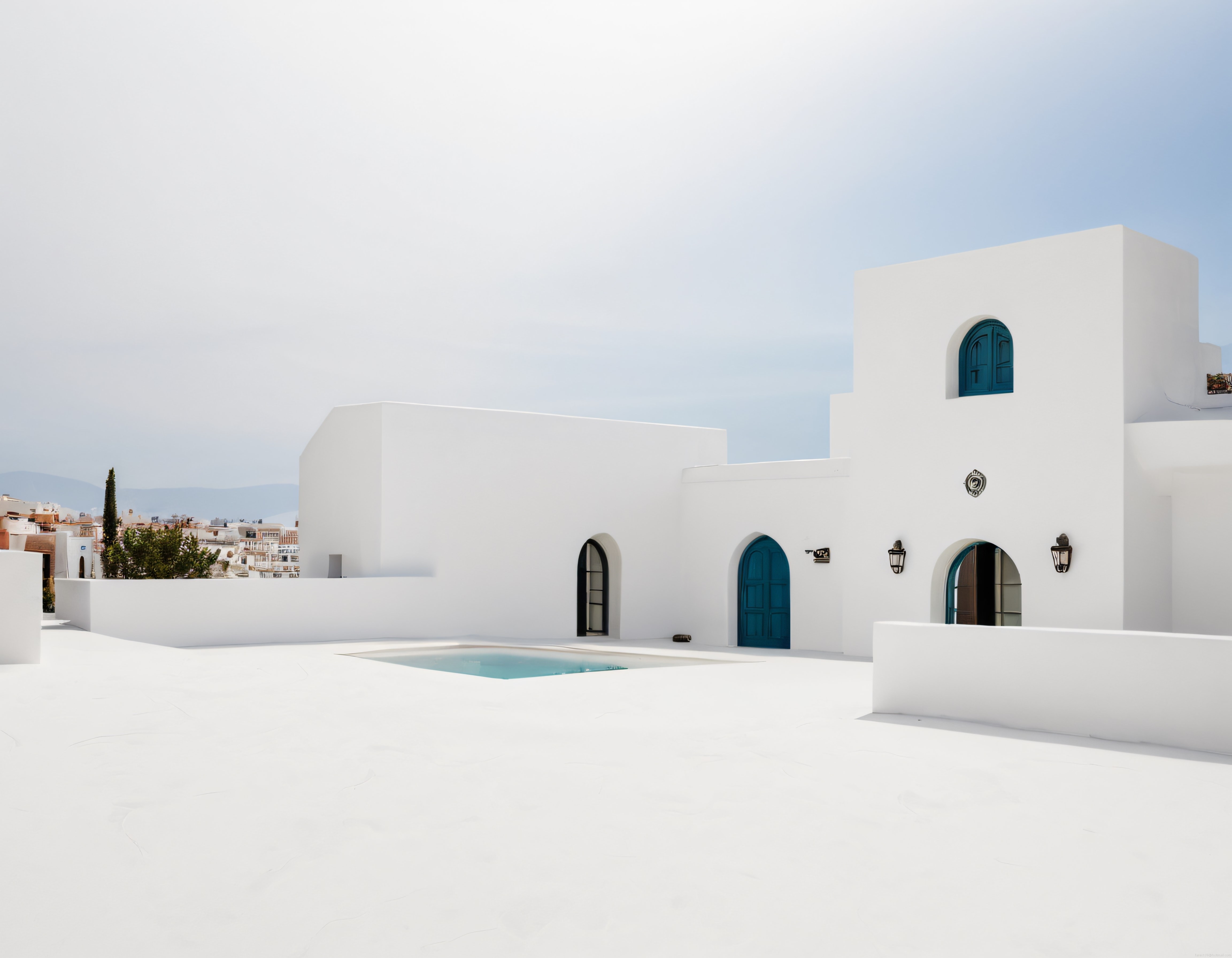 Beyaz Duvarlı Akdeniz Evi: Mavi Kapılı Minimal Mimari ve Açık Havuzlu Avlu