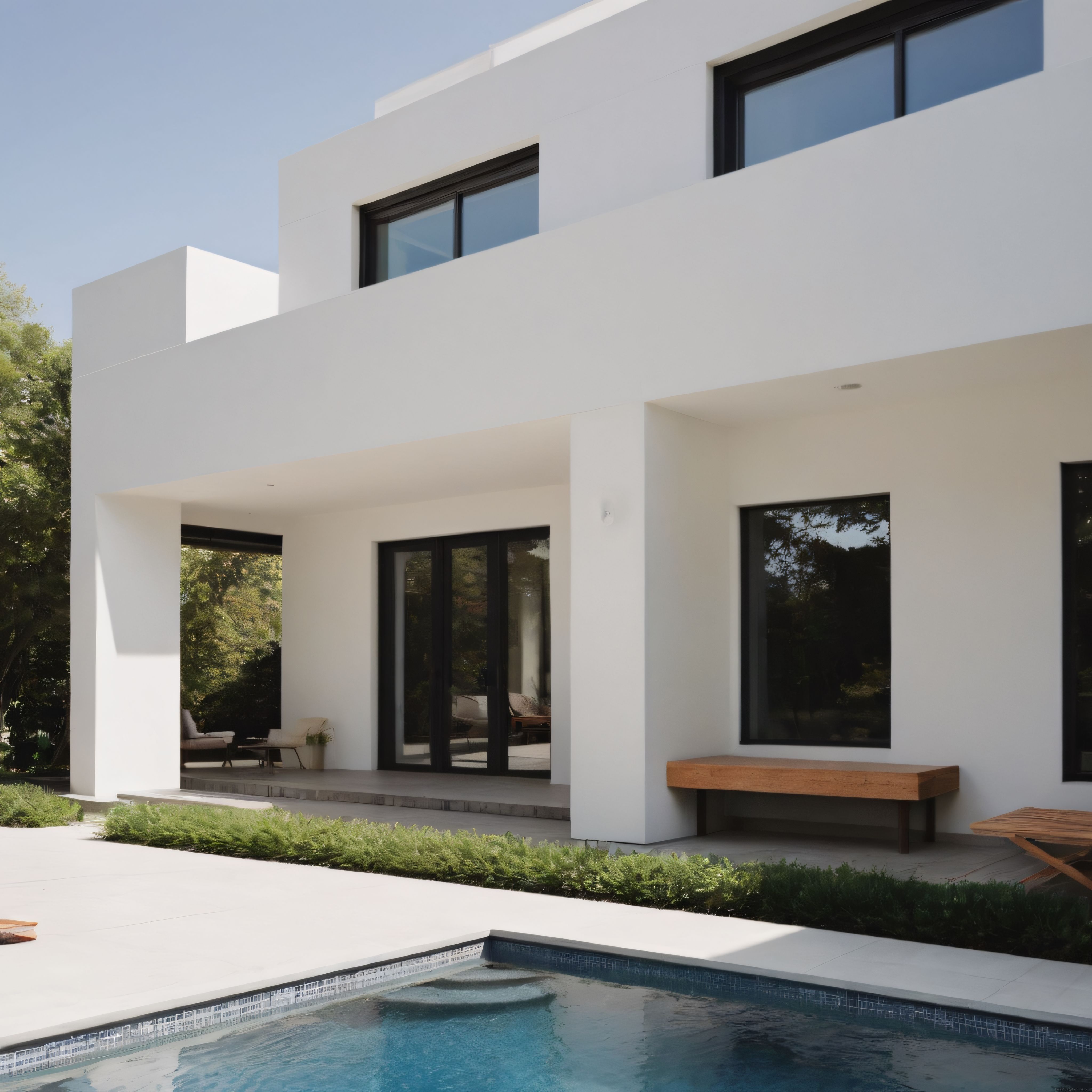 Beyaz Duvarlı Çağdaş Villa, Havuz ve Ahşap Detaylı Teras Manzarası