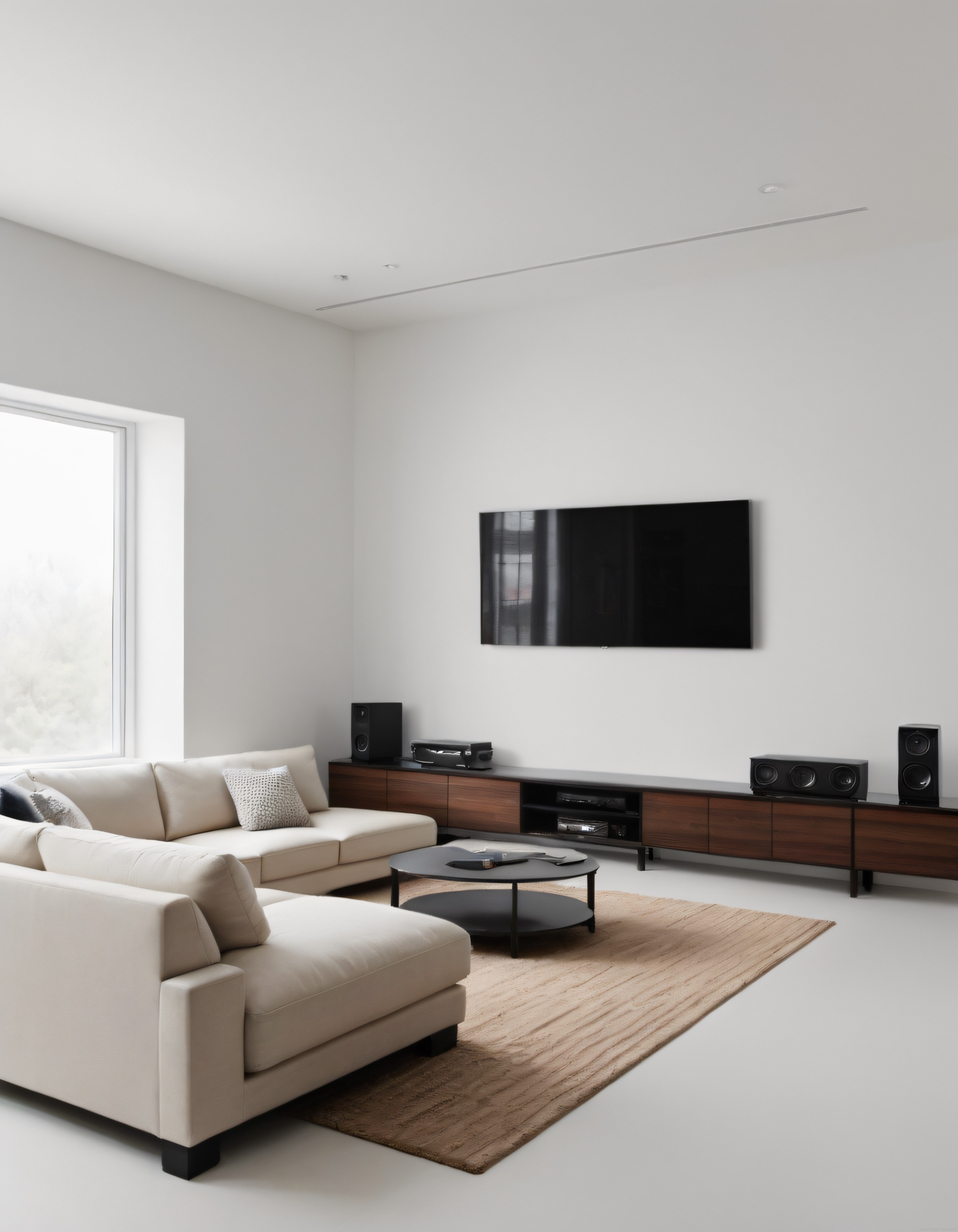 Beyaz Duvarlı Ferah Oturma Odası: Minimal TV Ünitesi ve Ses Sistemi Detayları