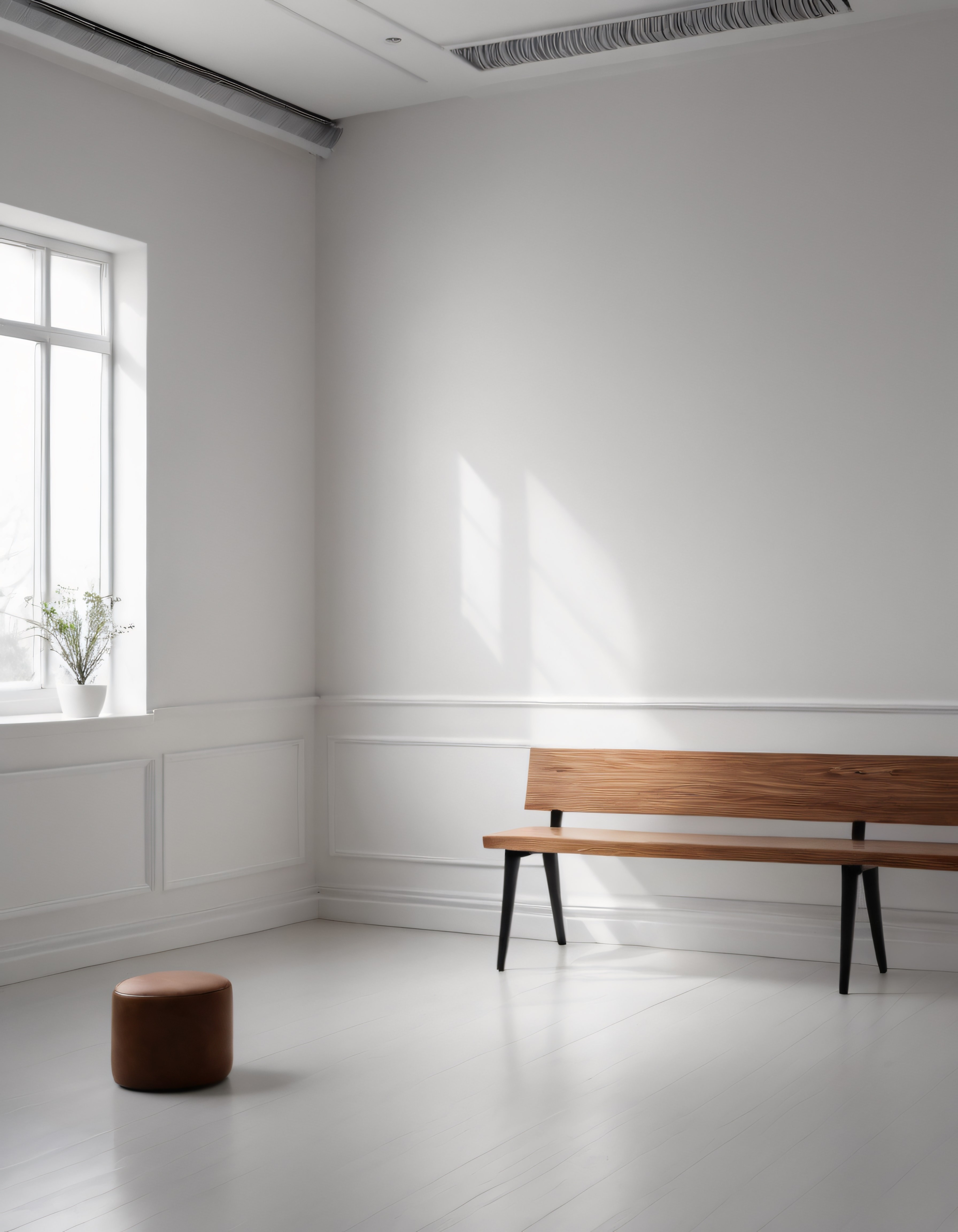 Beyaz Duvarlı Minimal Salon: Ahşap Bank ve Deri Puf ile Sade Dekor