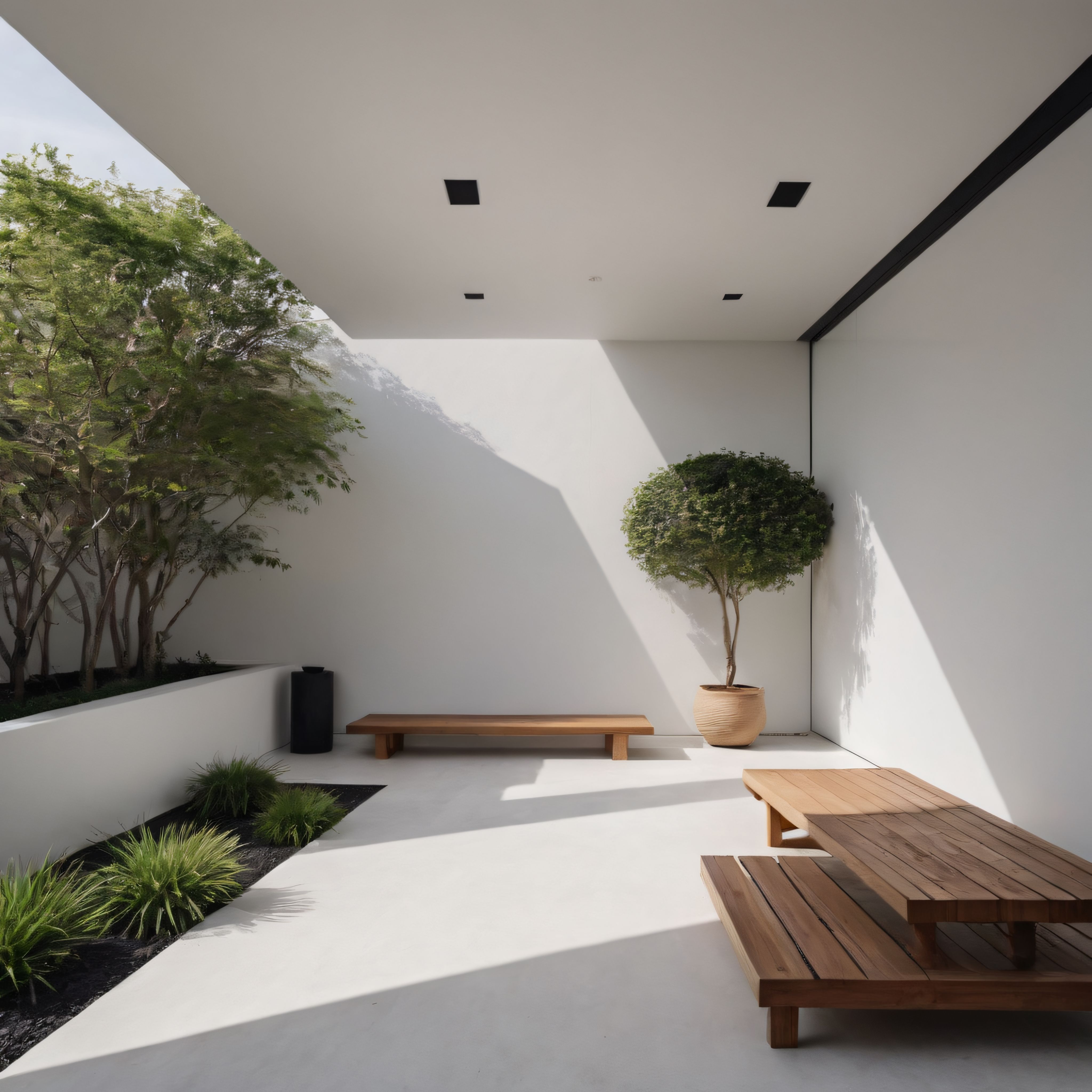 Beyaz duvarlı minimalist avlu, ahşap bank ve saksı ağacı