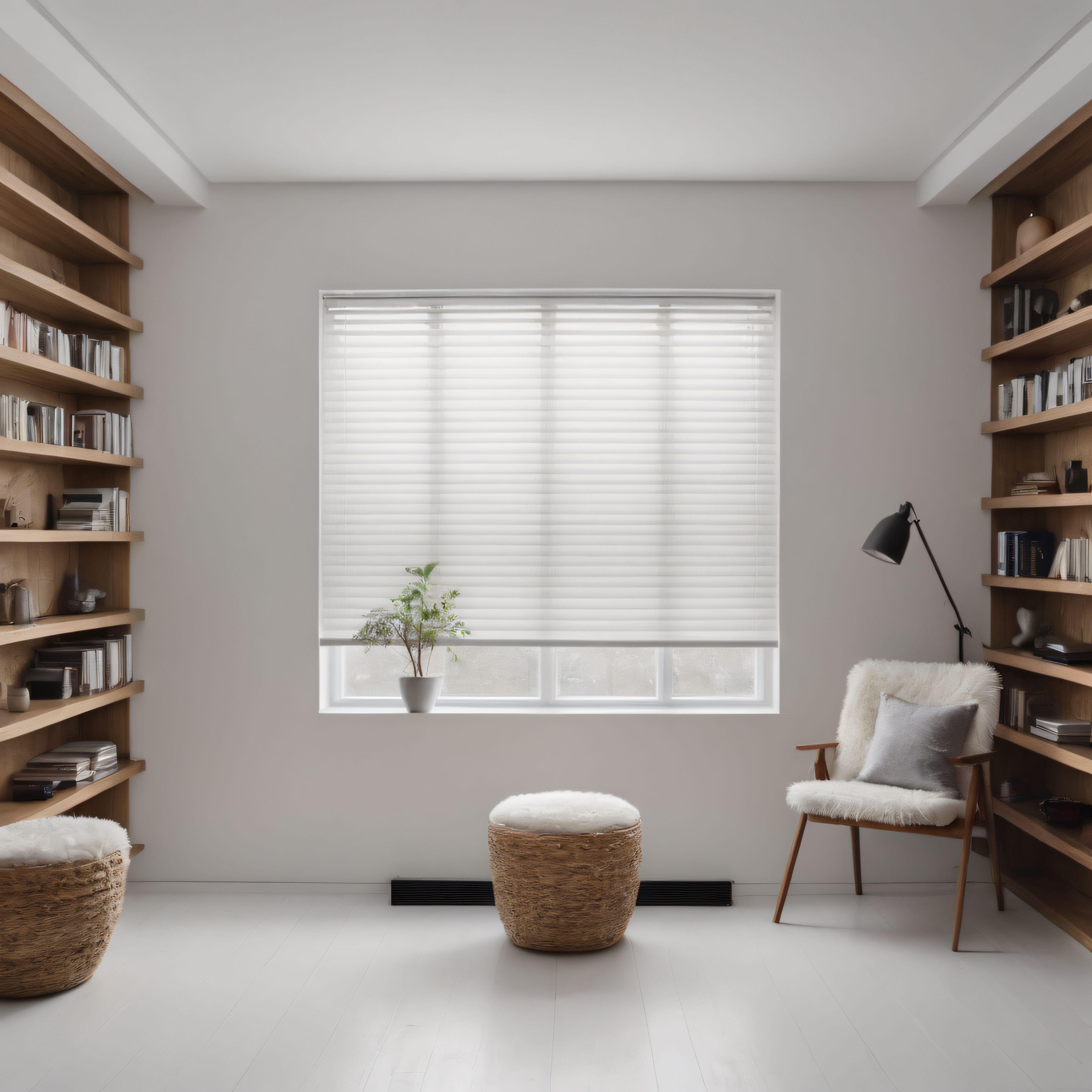 Beyaz Duvarlı Minimalist İç Mekanda Ahşap Kitaplıklı Okuma Köşesi
