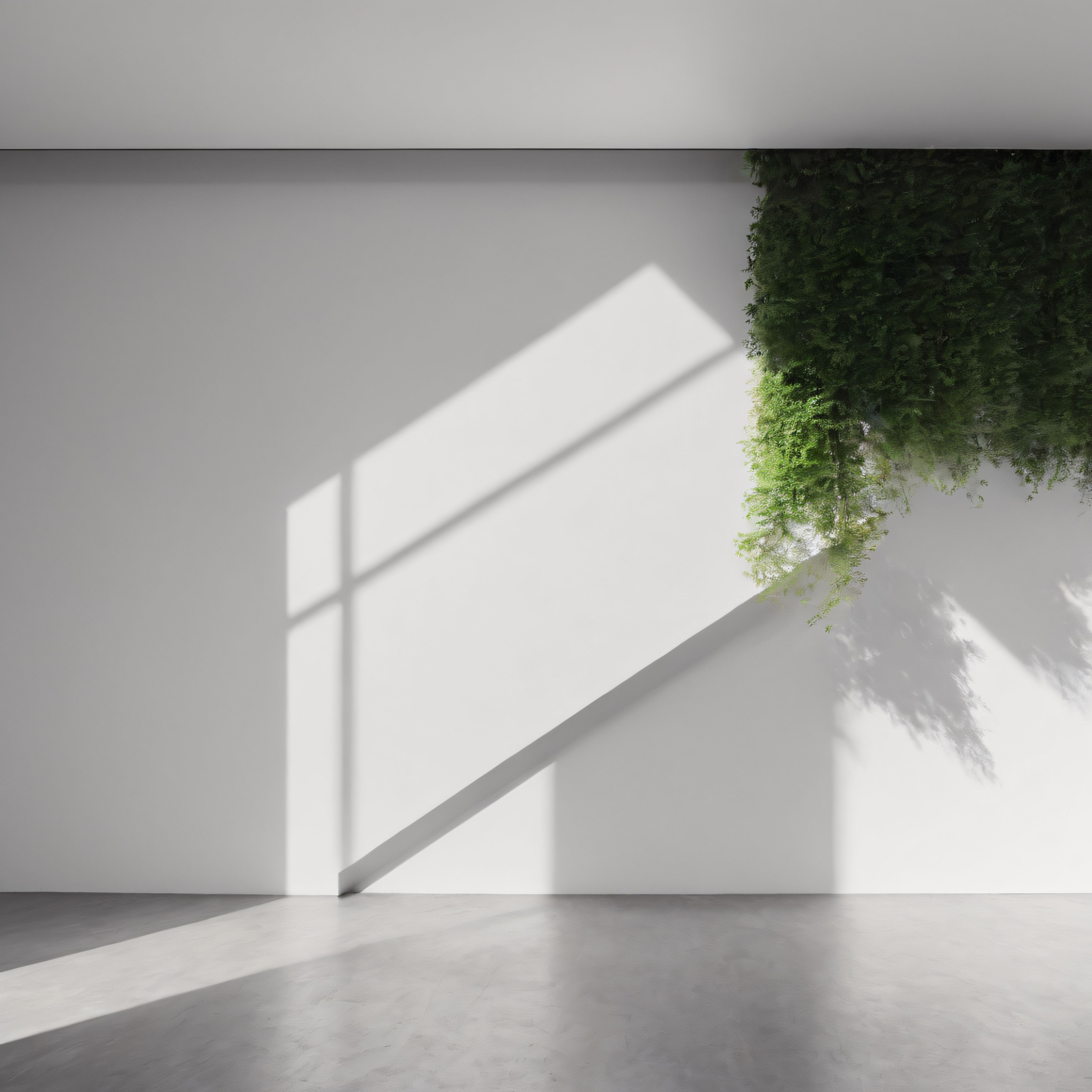 Beyaz Duvarlı Minimalist İç Mekanda Pencere Işığı ve Yeşil Bitki Dekoru