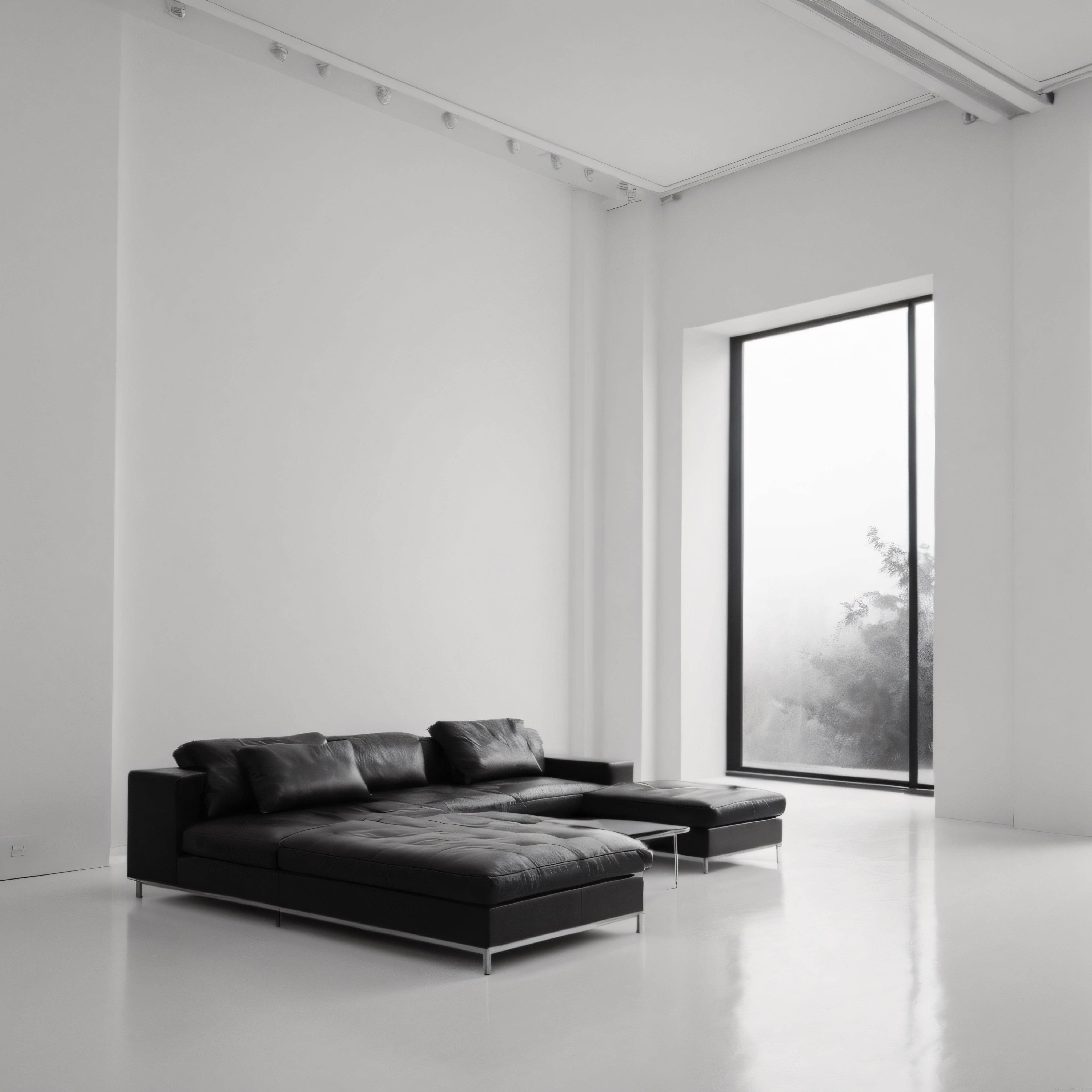 Beyaz duvarlı minimalist loftta siyah deri kanepe ve sisli orman manzarası