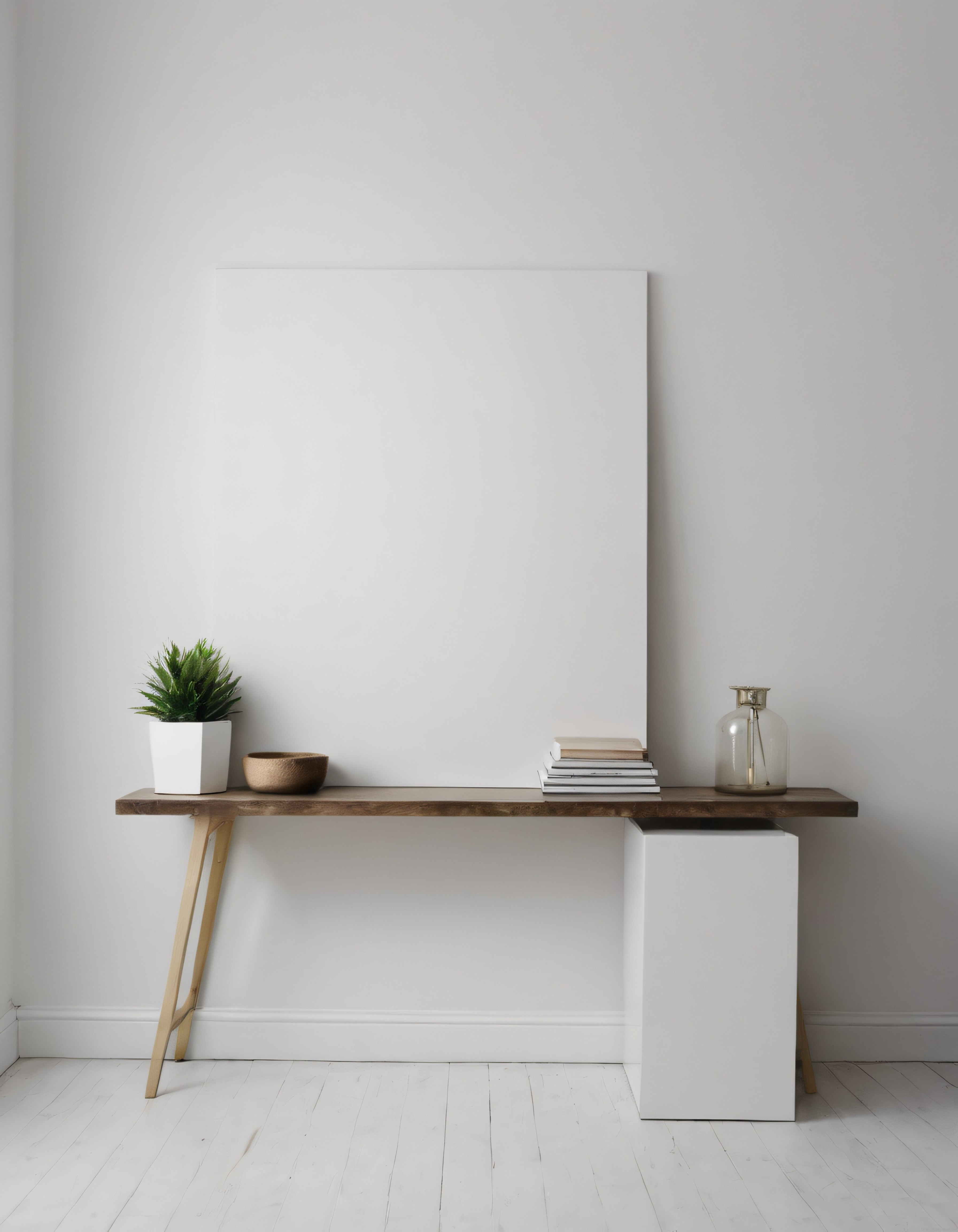 Beyaz Duvarlı Minimalist Oda: Ahşap Konsol ve Sade Dekorasyon Fikirleri