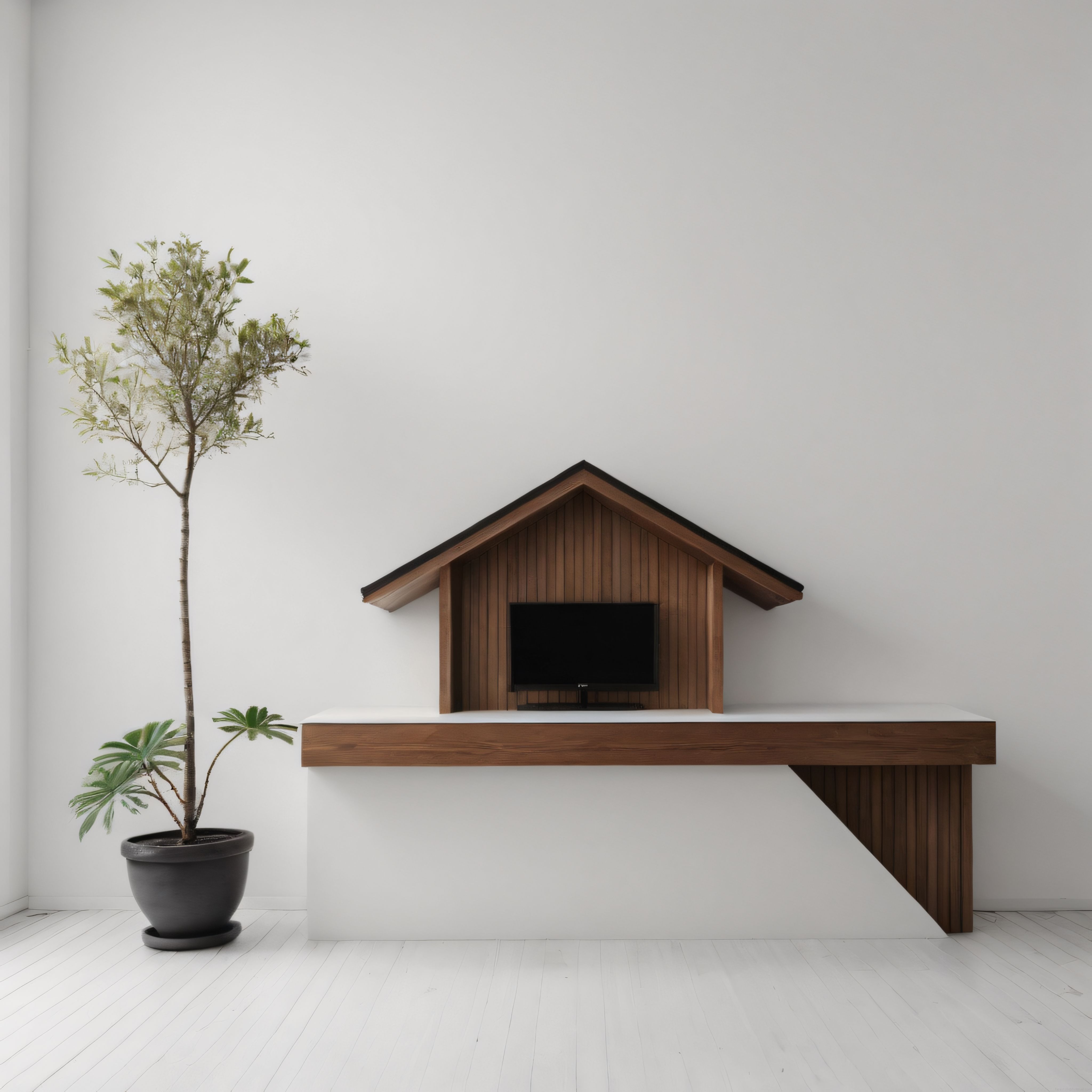 Beyaz Duvarlı Minimalist Oda: Ahşap TV Ünitesi ve Yeşil Bitki ile Huzur