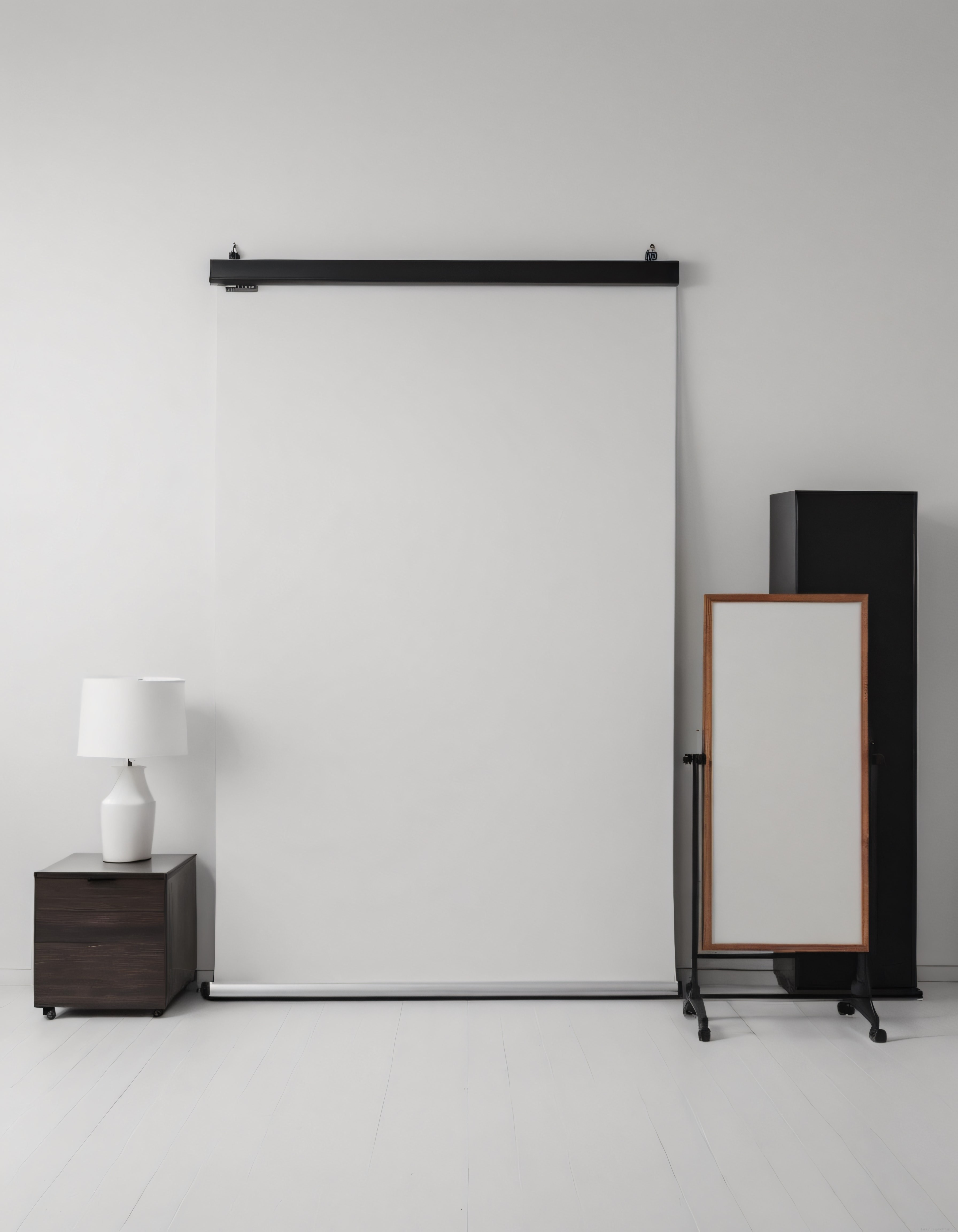 Beyaz duvarlı minimalist oda: katlanır perde, komodin ve lamba