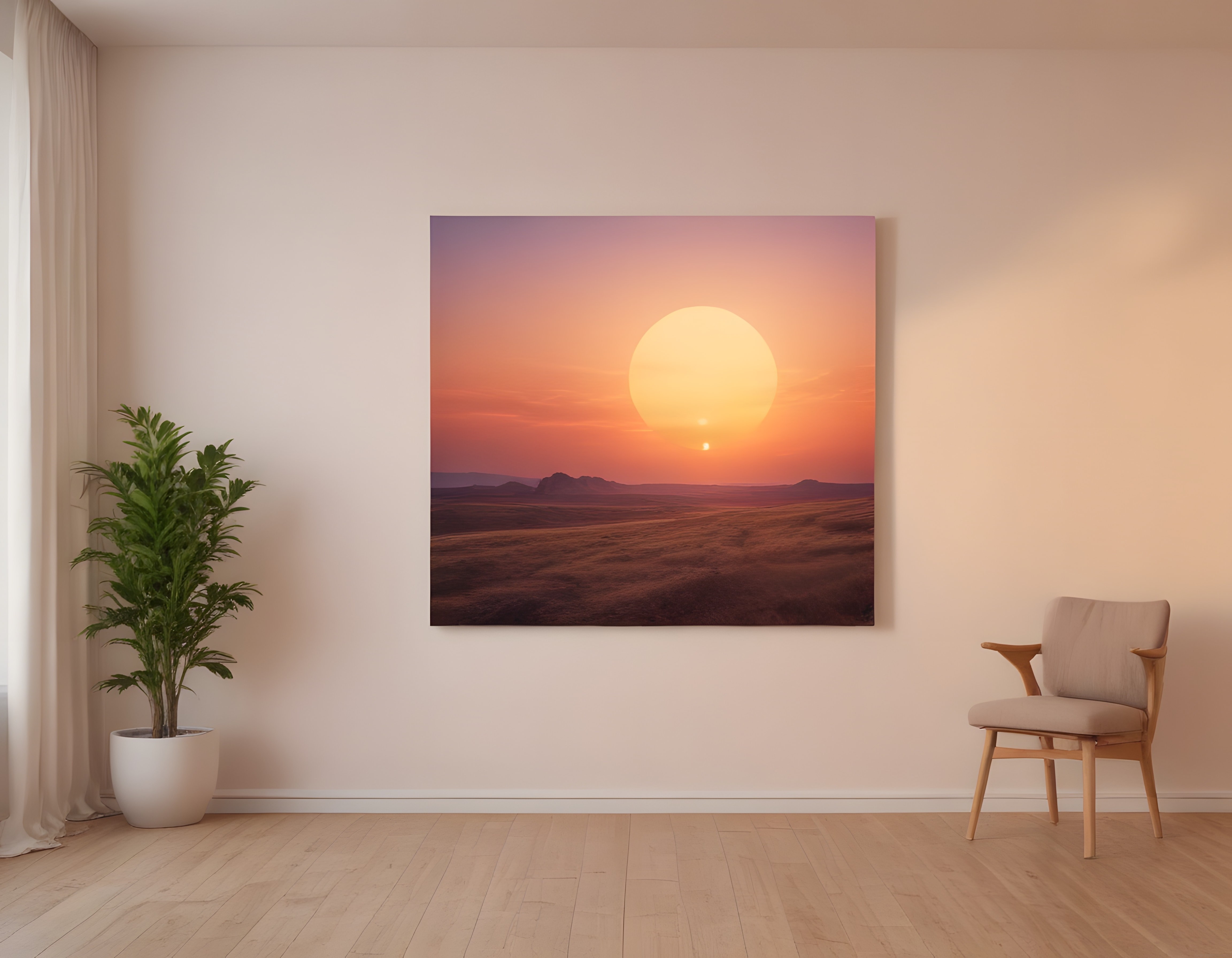 Beyaz Duvarlı Minimalist Odada Çöl Gün Batımı Kanvas Tablo Dekorasyonu