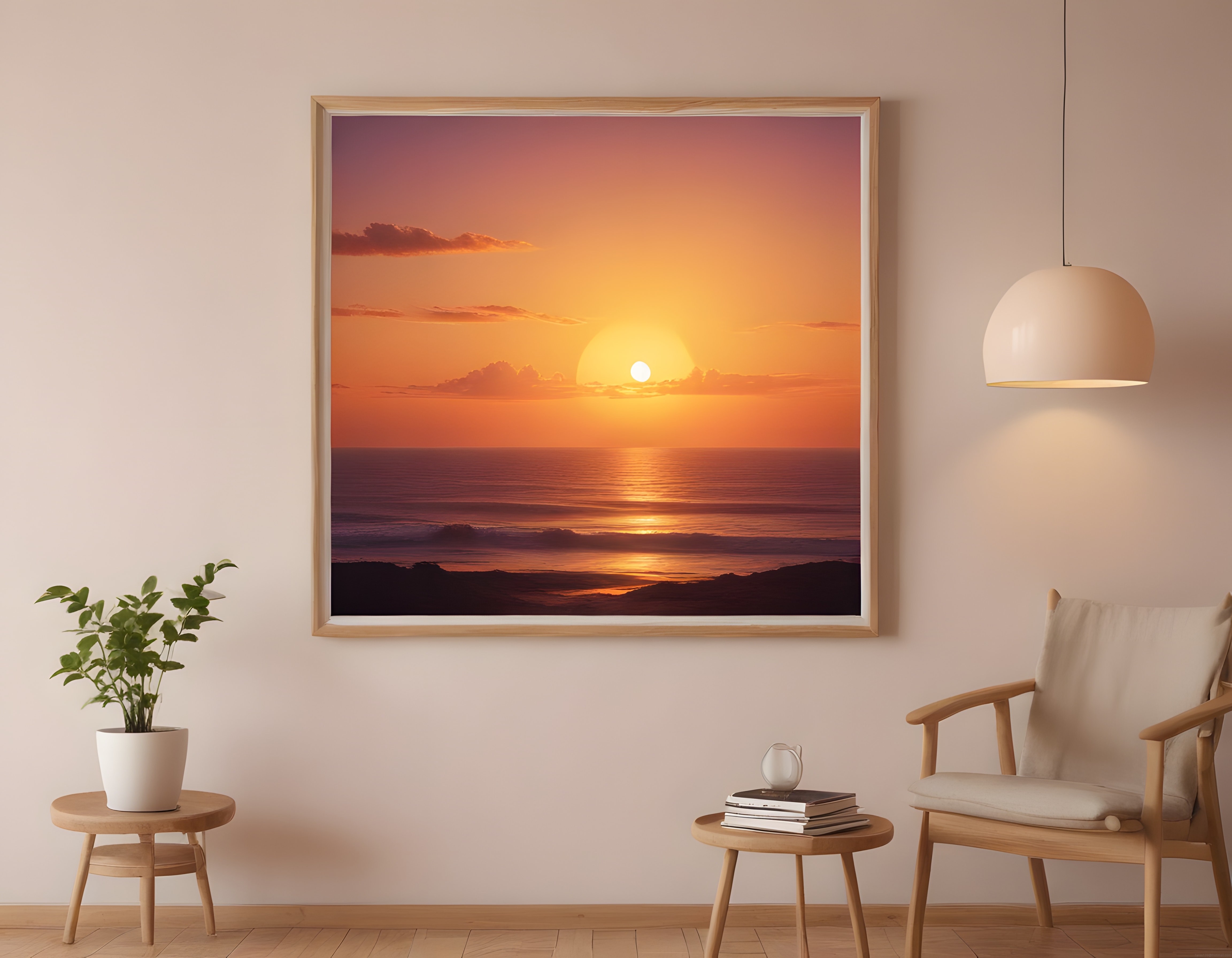 Beyaz Duvarlı Minimalist Salonda Ahşap Çerçeveli Deniz Günbatımı Posteri