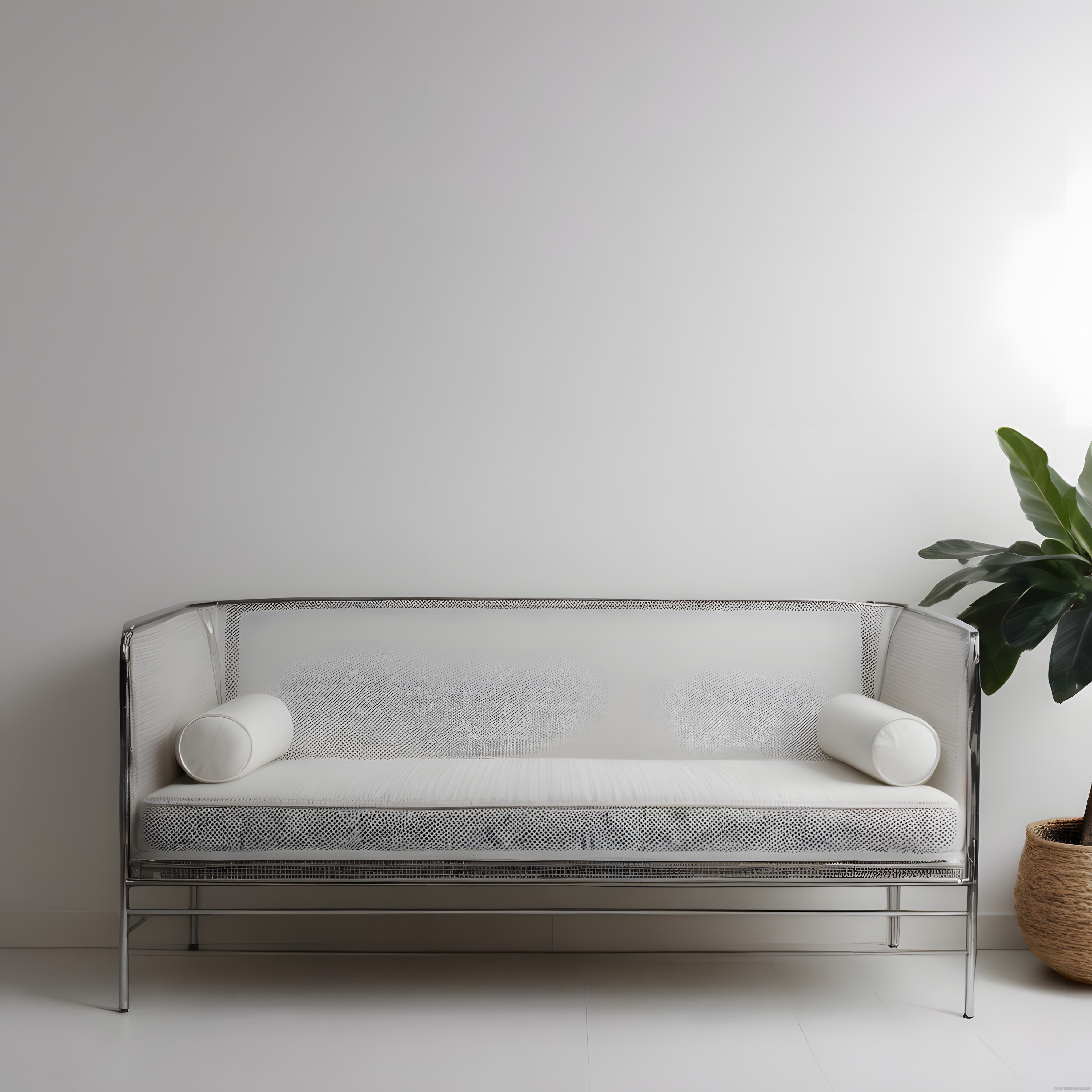 Beyaz duvarlı minimalist salonda modern tel kanepe ve yeşil bitki dekorasyonu