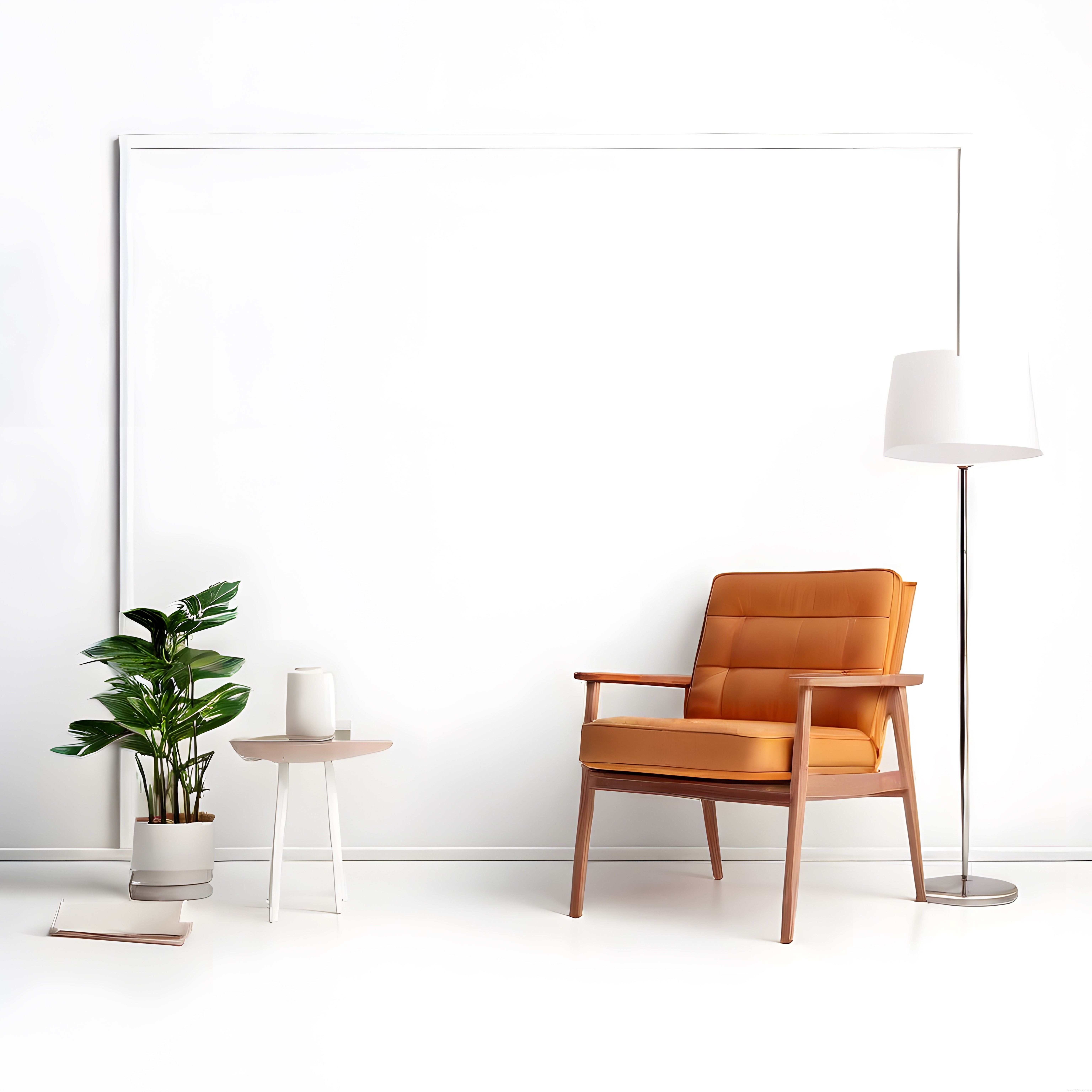 Beyaz Duvarlı Minimalist Salonda Turuncu Deri Koltuk ve Yeşil Bitki Detayı