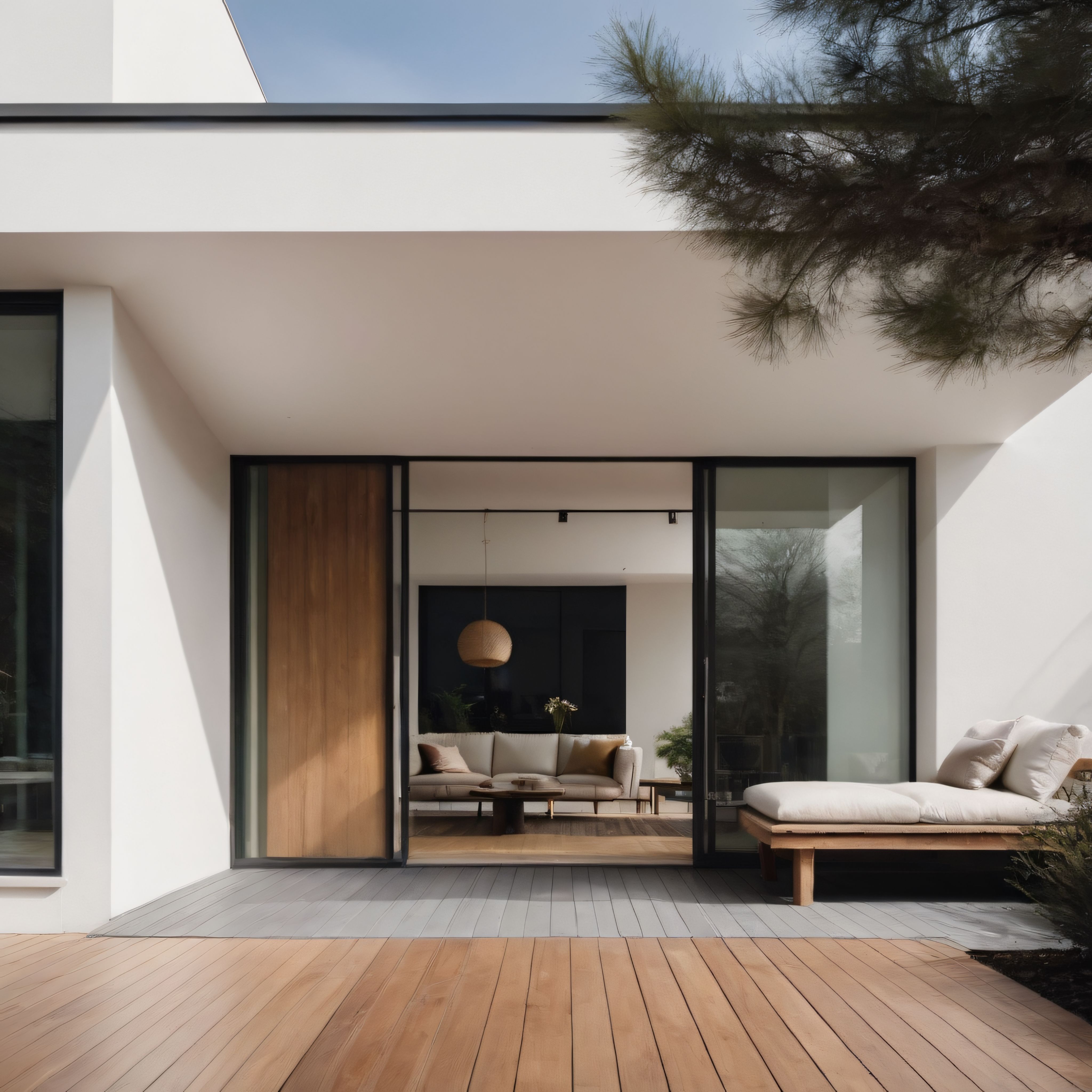 Beyaz duvarlı modern evin iç mekanla bütünleşen ahşap verandası