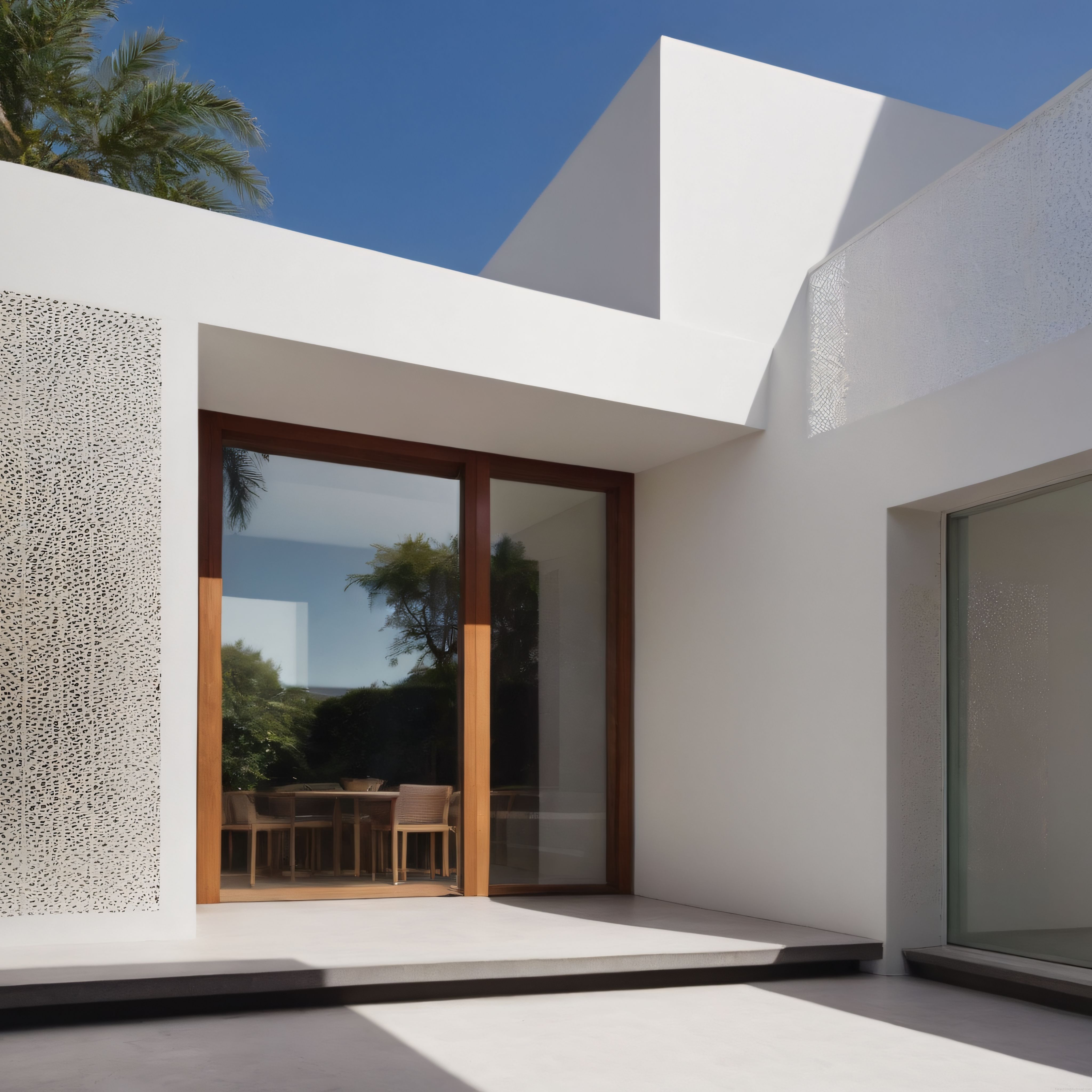Beyaz Duvarlı Modern Minimalist Villa ve Geniş Cam Kapılı Avlu Tasarımı