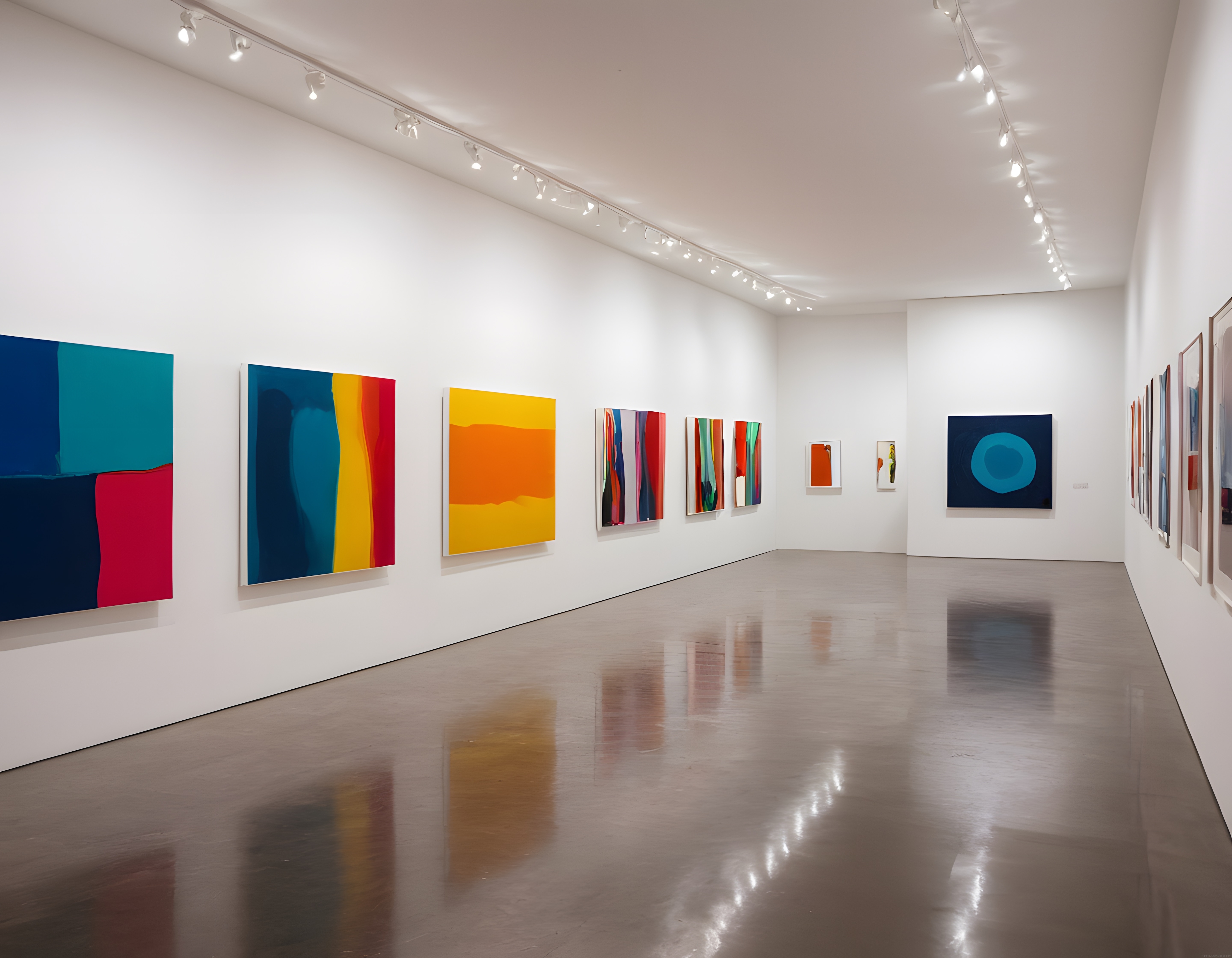 Beyaz Duvarlı Modern Sanat Galerisi İç Mekanı ve Renkli Soyut Tablolar