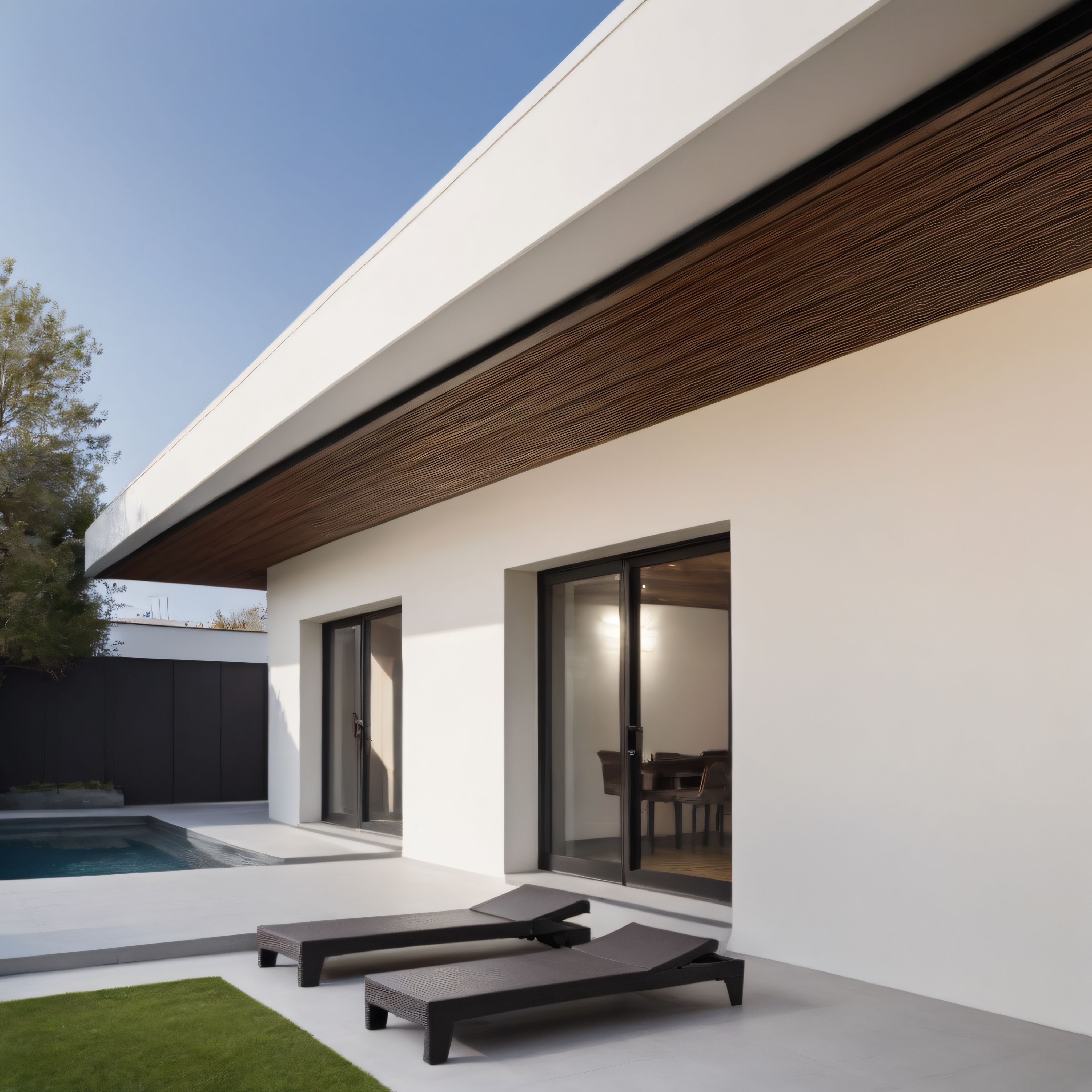beyaz duvarlı modern villa terası ahşap tavan detayları ve yüzme havuzu