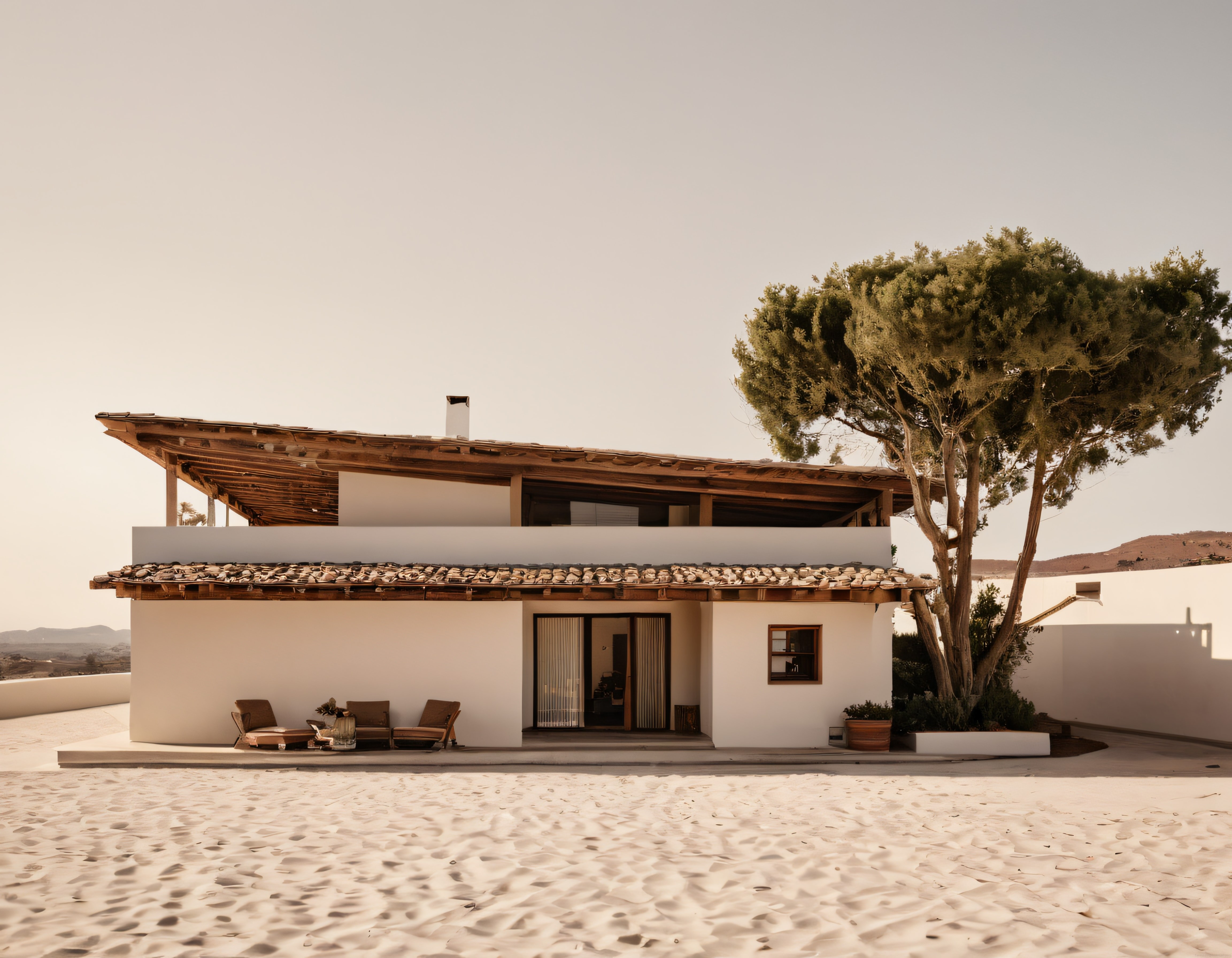 Beyaz Duvarlı ve Ahşap Çatılı Modern Villa: Kırsalda Huzurlu Mimari