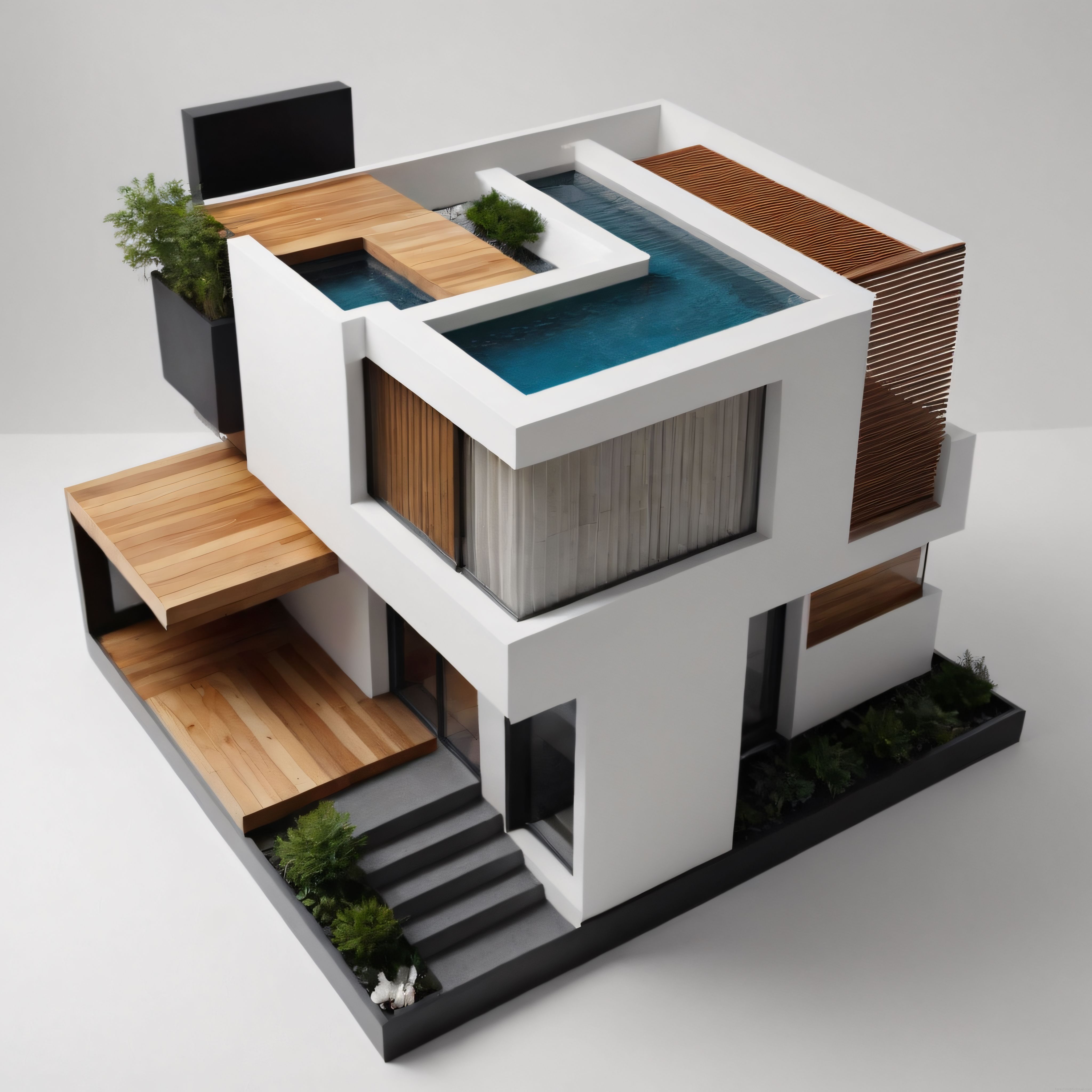 Beyaz Duvarlı ve Ahşap Teraslı Modern Lüks Villa Mimari Maketi