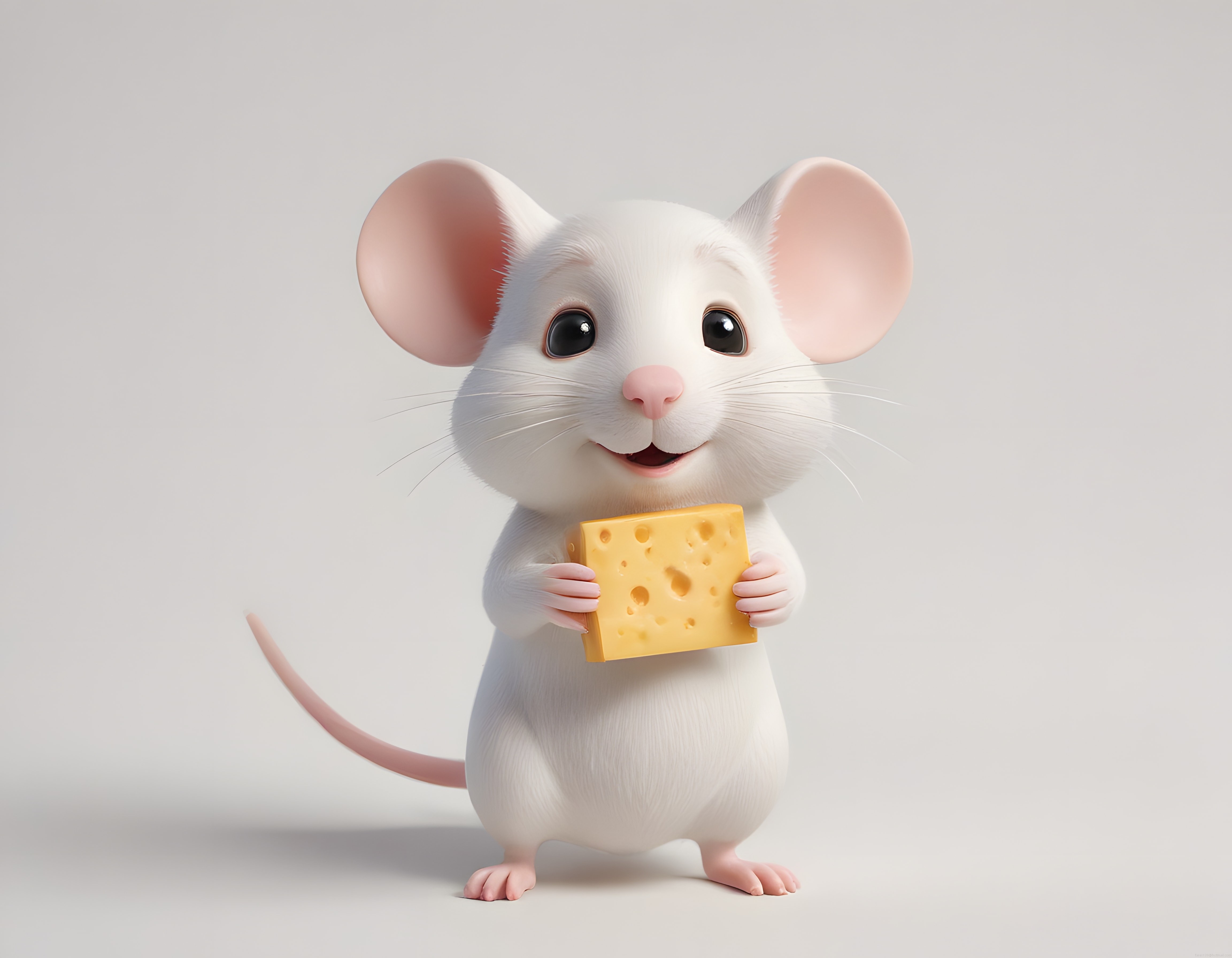 Beyaz Fare Karakteri Elinde Peynir Dilimi Tutuyor Sevimli 3D Animasyon