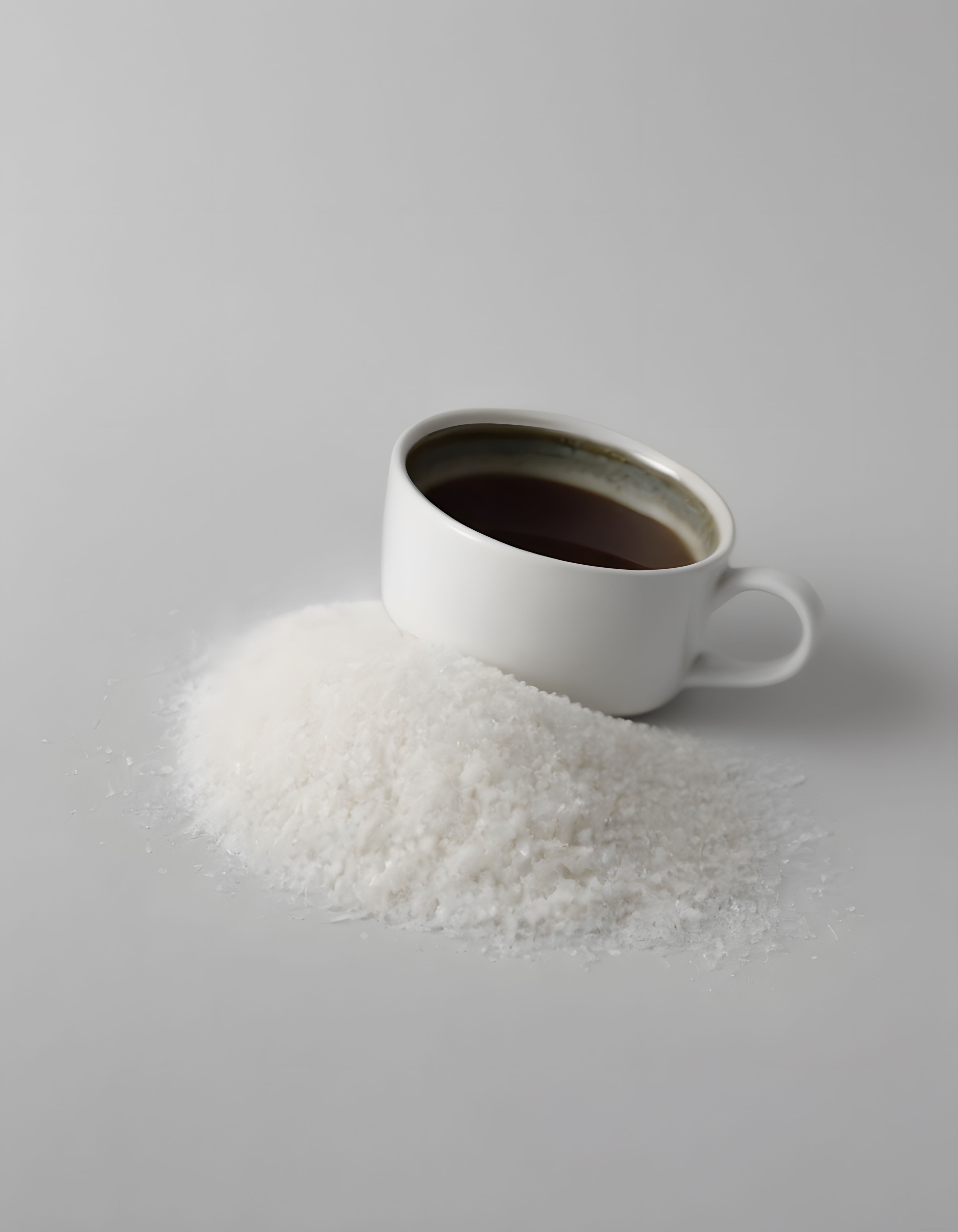 beyaz fincan içinde siyah kahve ve kristal şeker yığını minimalist kompozisyon