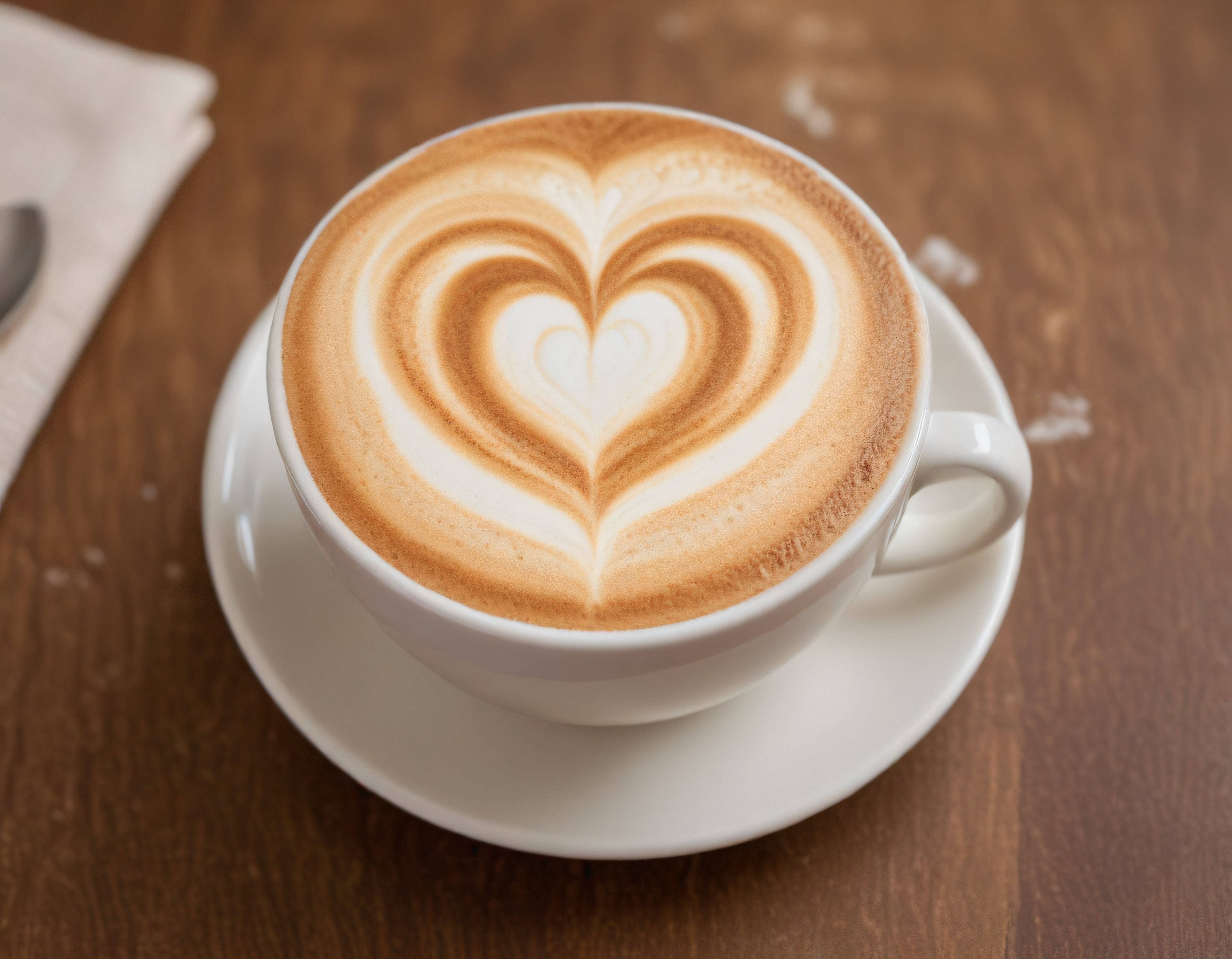 Beyaz Fincanda Kalp Desenli Latte Art ve Ahşap Masa Üzerinde Sıcak Kahve