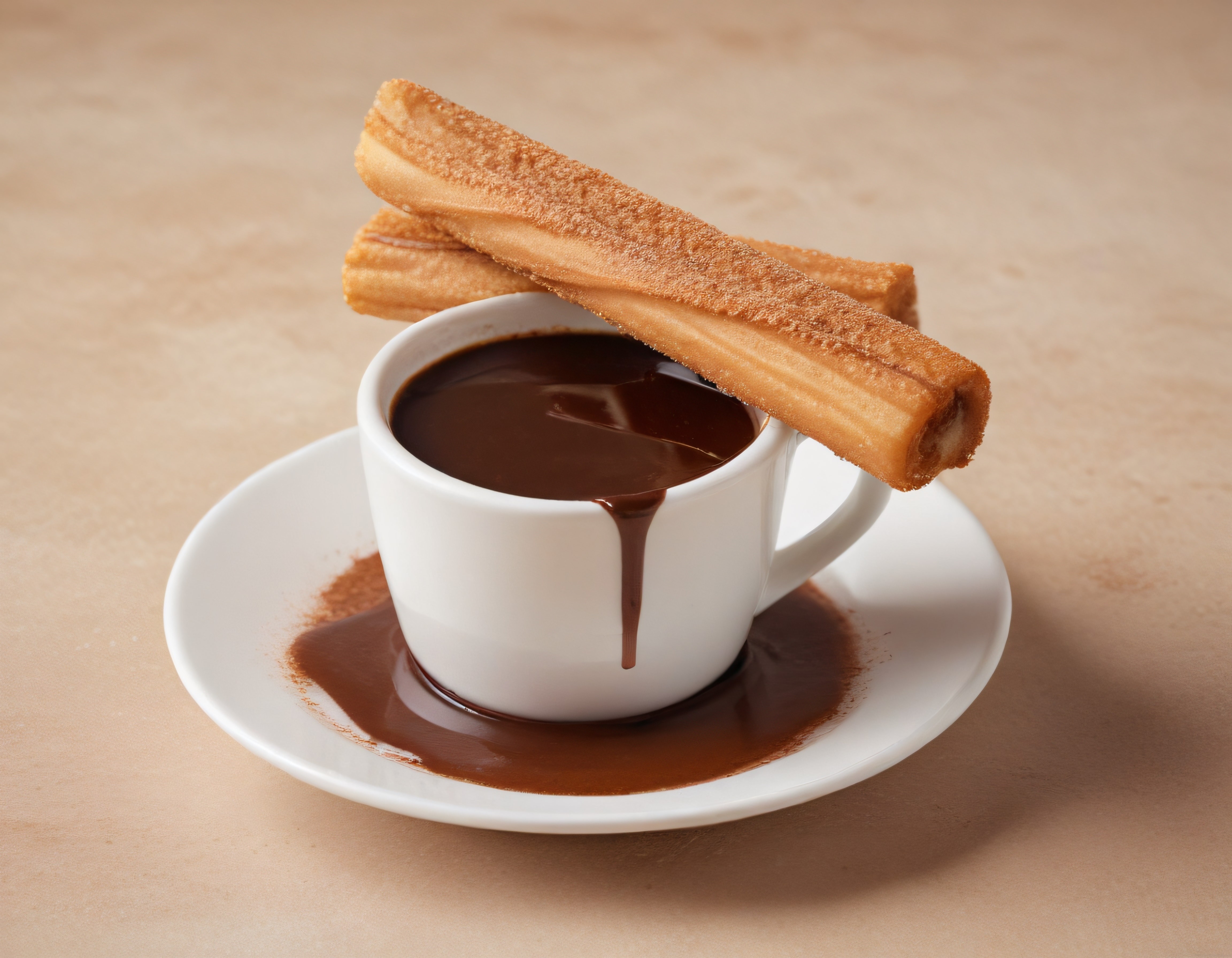 Beyaz Fincanda Sıcak Çikolata ve Üzerinde Şeker Kaplı Churros Atıştırmalığı