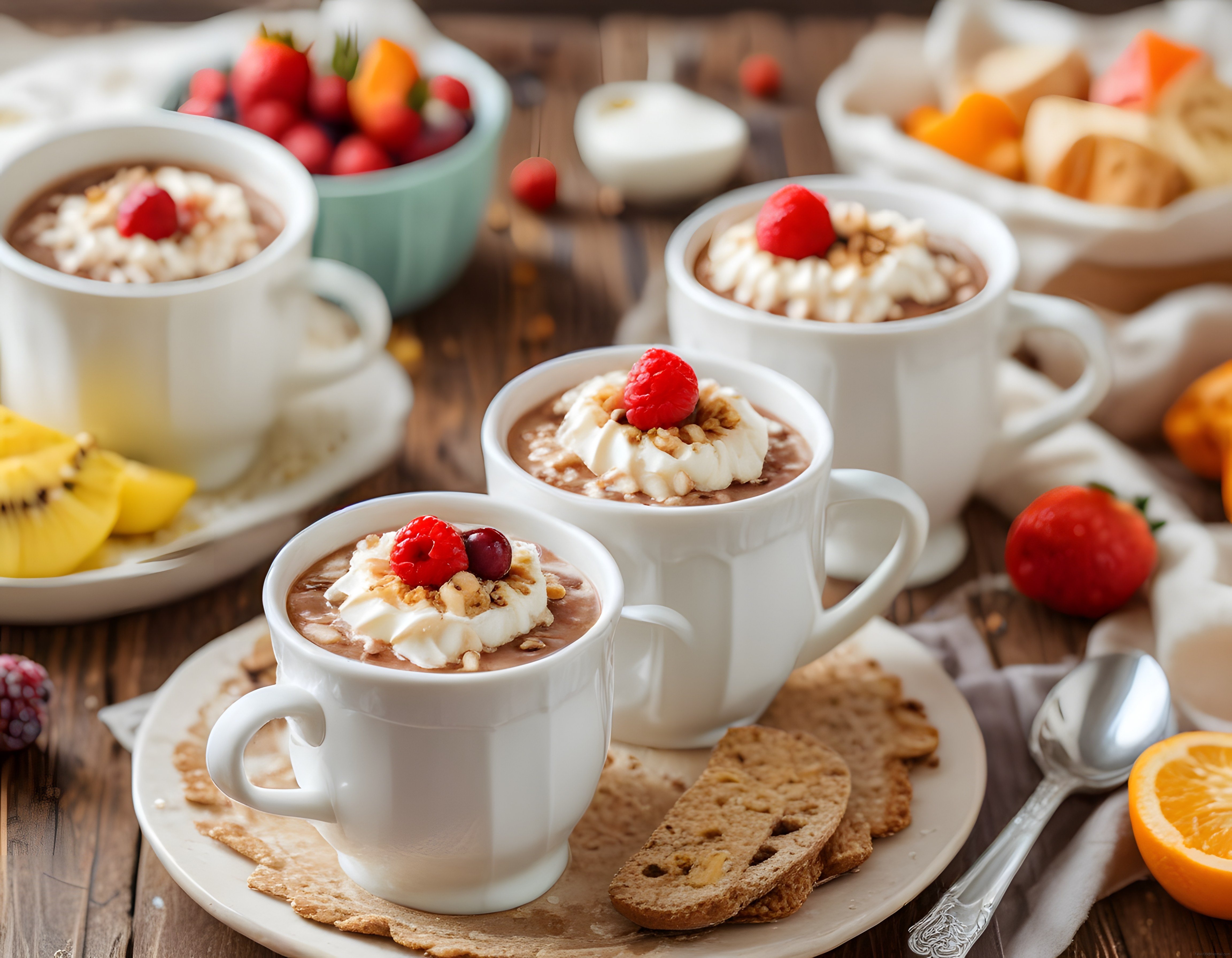 Beyaz Fincanlarda Çikolatalı Mousse Tatlısı ve Taze Meyvelerle Şık Sunum