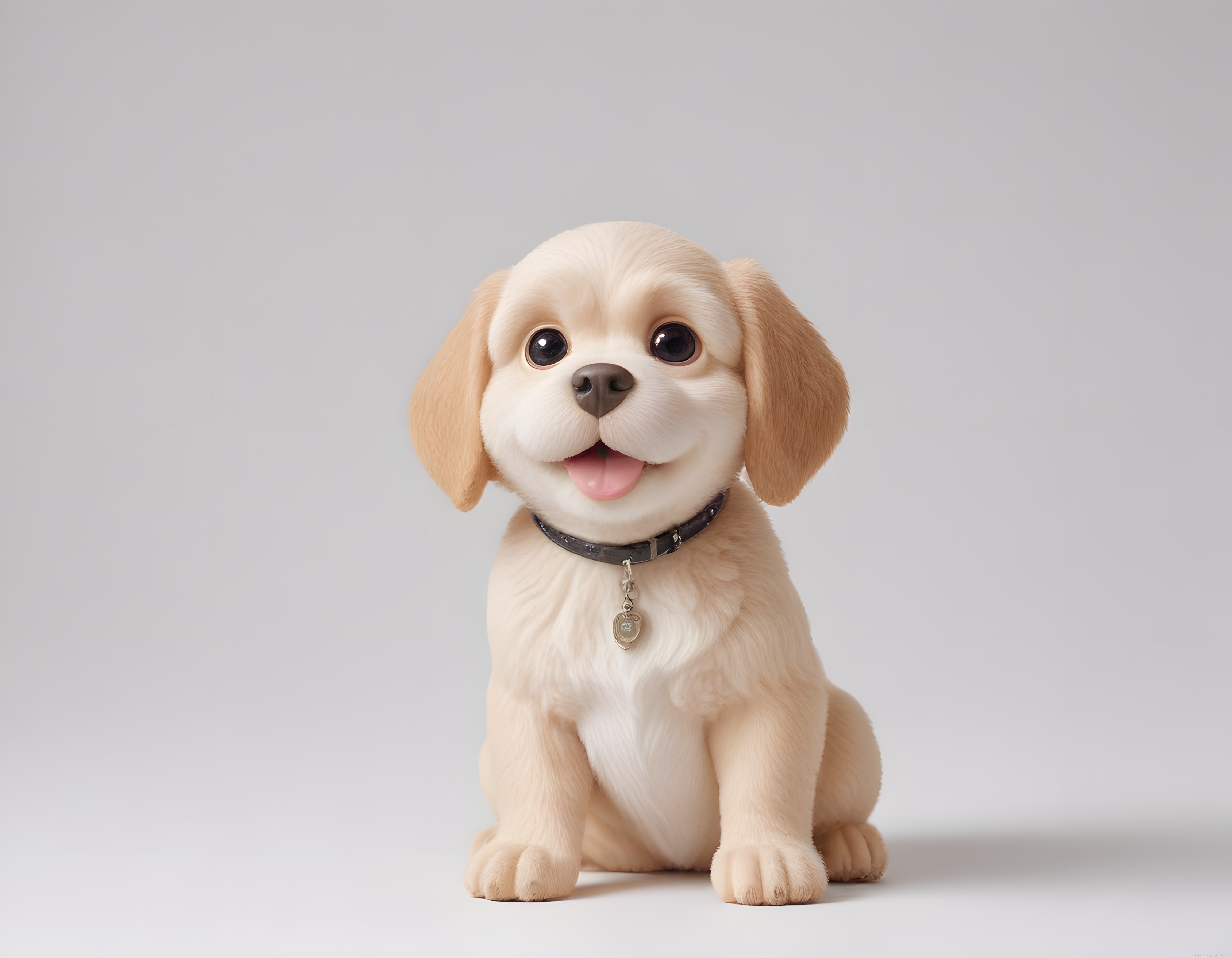 Beyaz Fon Önünde Oturan Sevimli Bej Yavru Köpek ve Deri Tasması