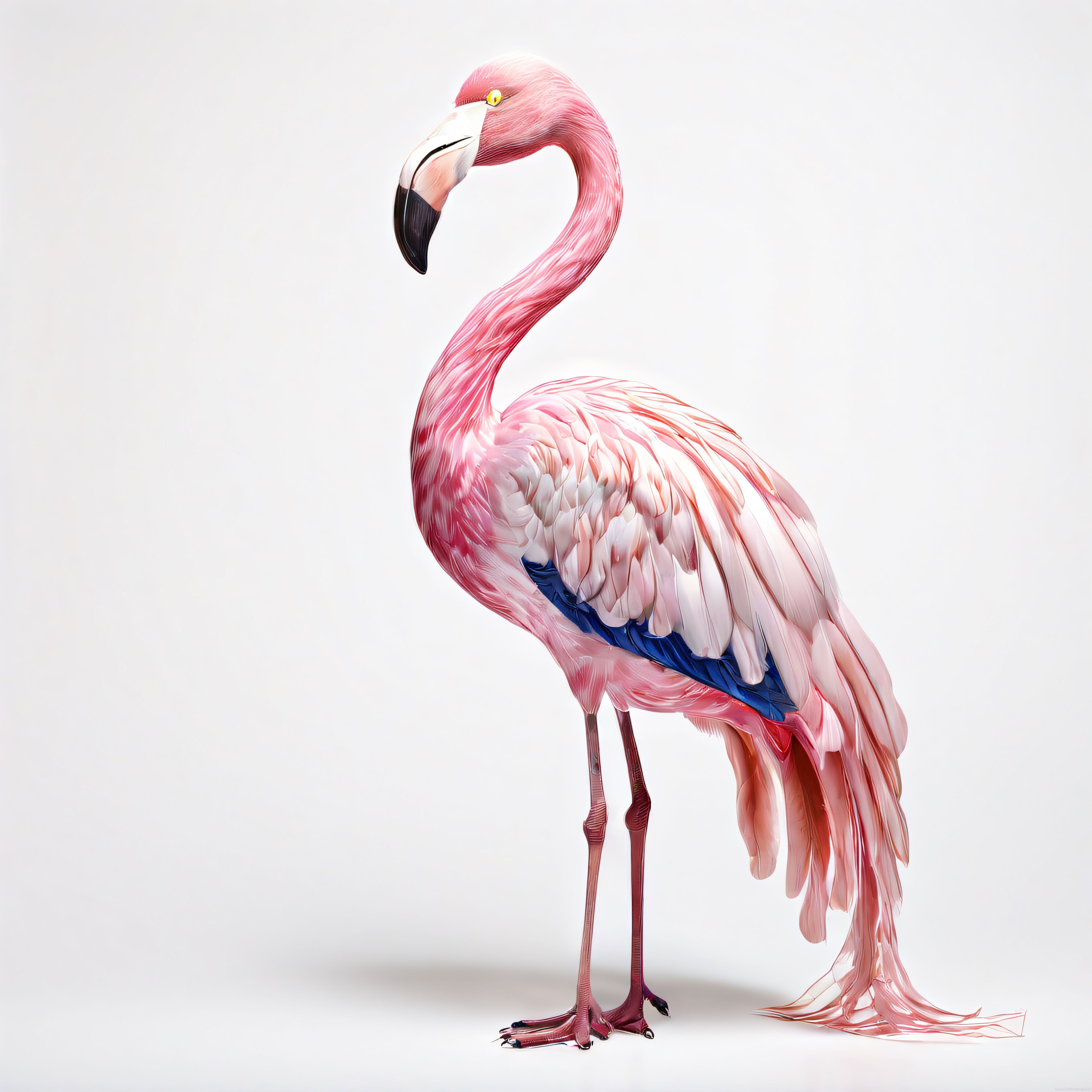 Beyaz Fon Üzerinde Detaylı Tüyleriyle Dikkat Çeken Sanatsal Pembe Flamingo