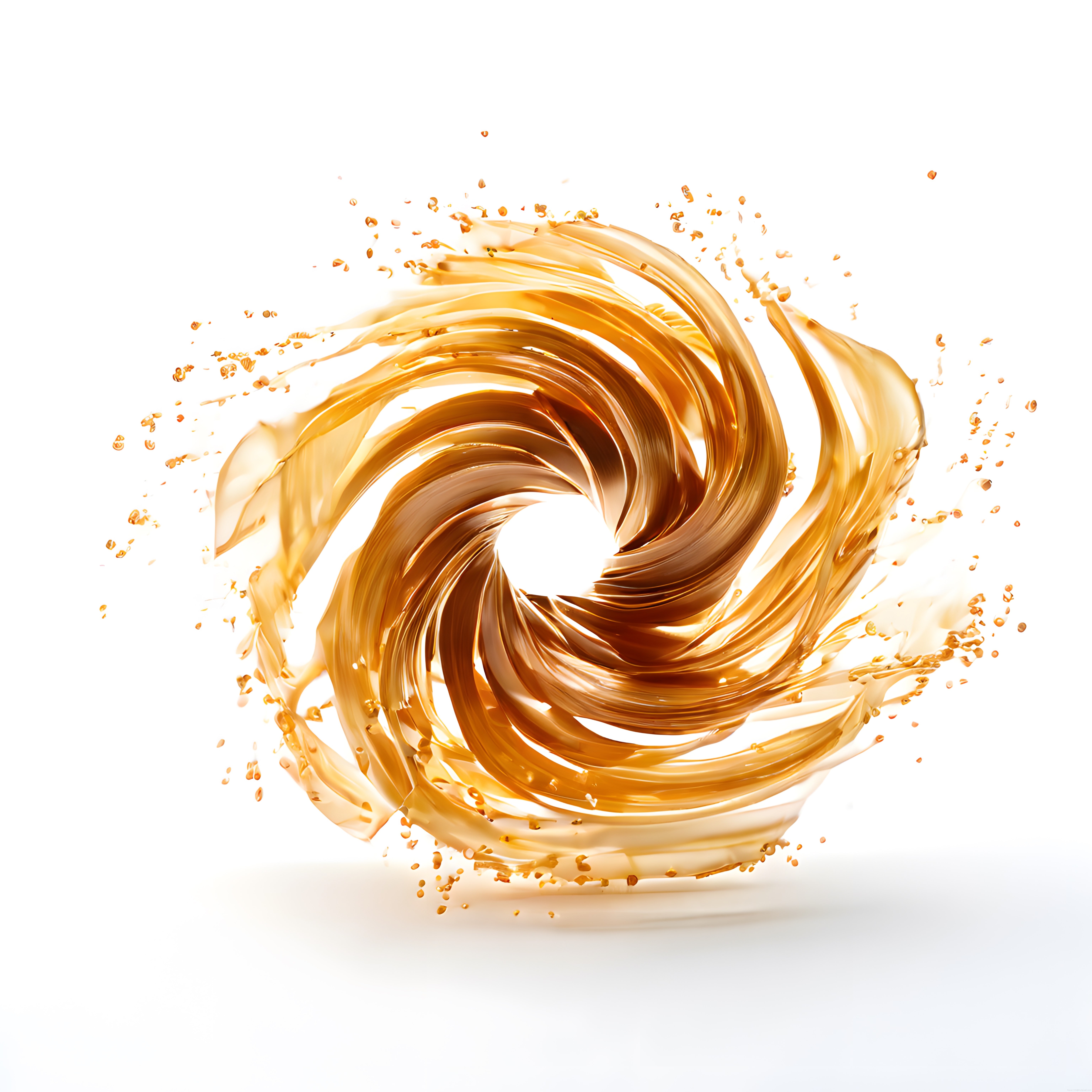 Beyaz fon üzerinde girdap halinde dans eden parlak amber karamel akışı