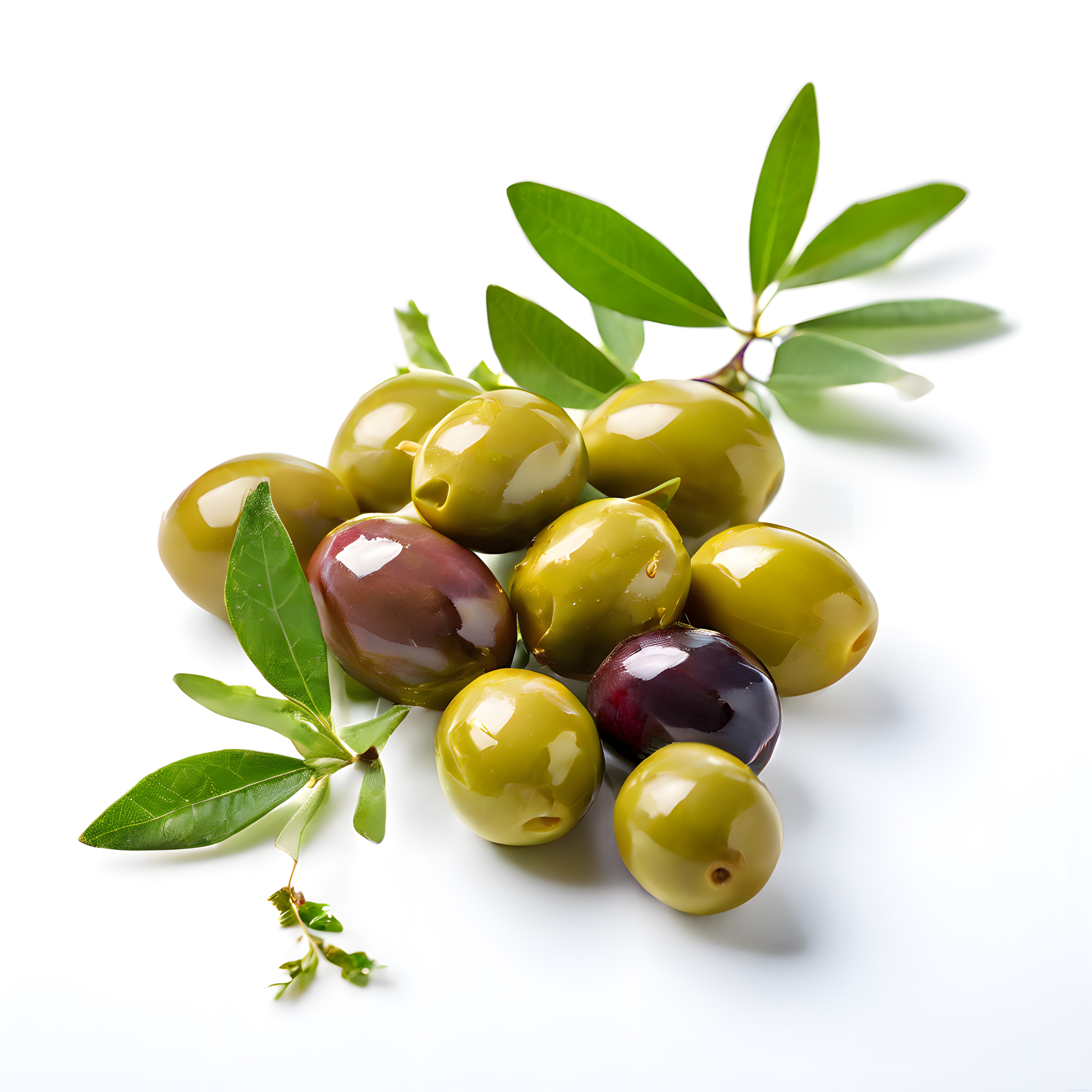 Beyaz fon üzerinde ışıltılı yeşil ve siyah zeytinlerle taze zeytin dalları