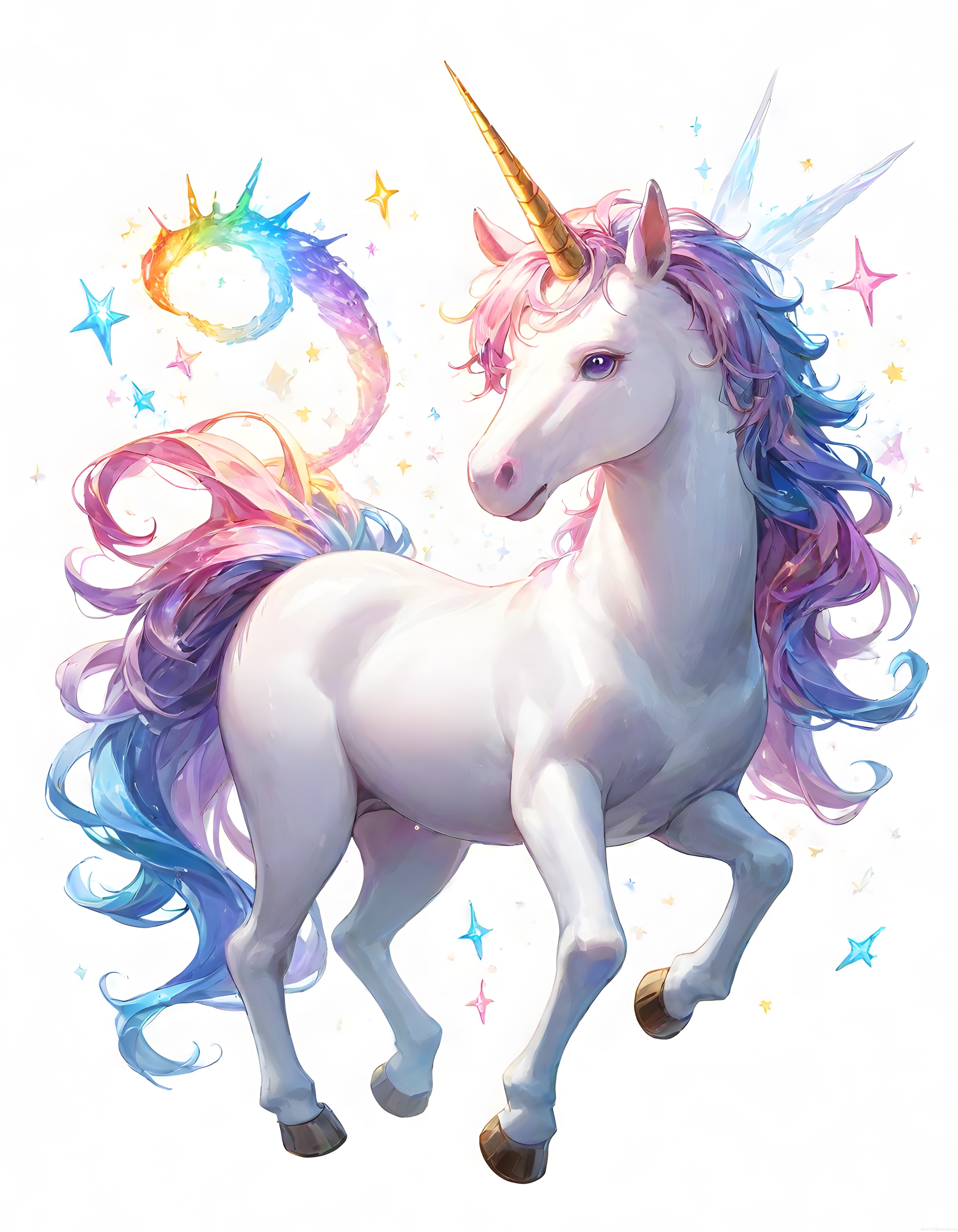 Beyaz Fon Üzerinde Kanatlı Gökkuşağı Yeleli Büyülü Unicorn Çizimi