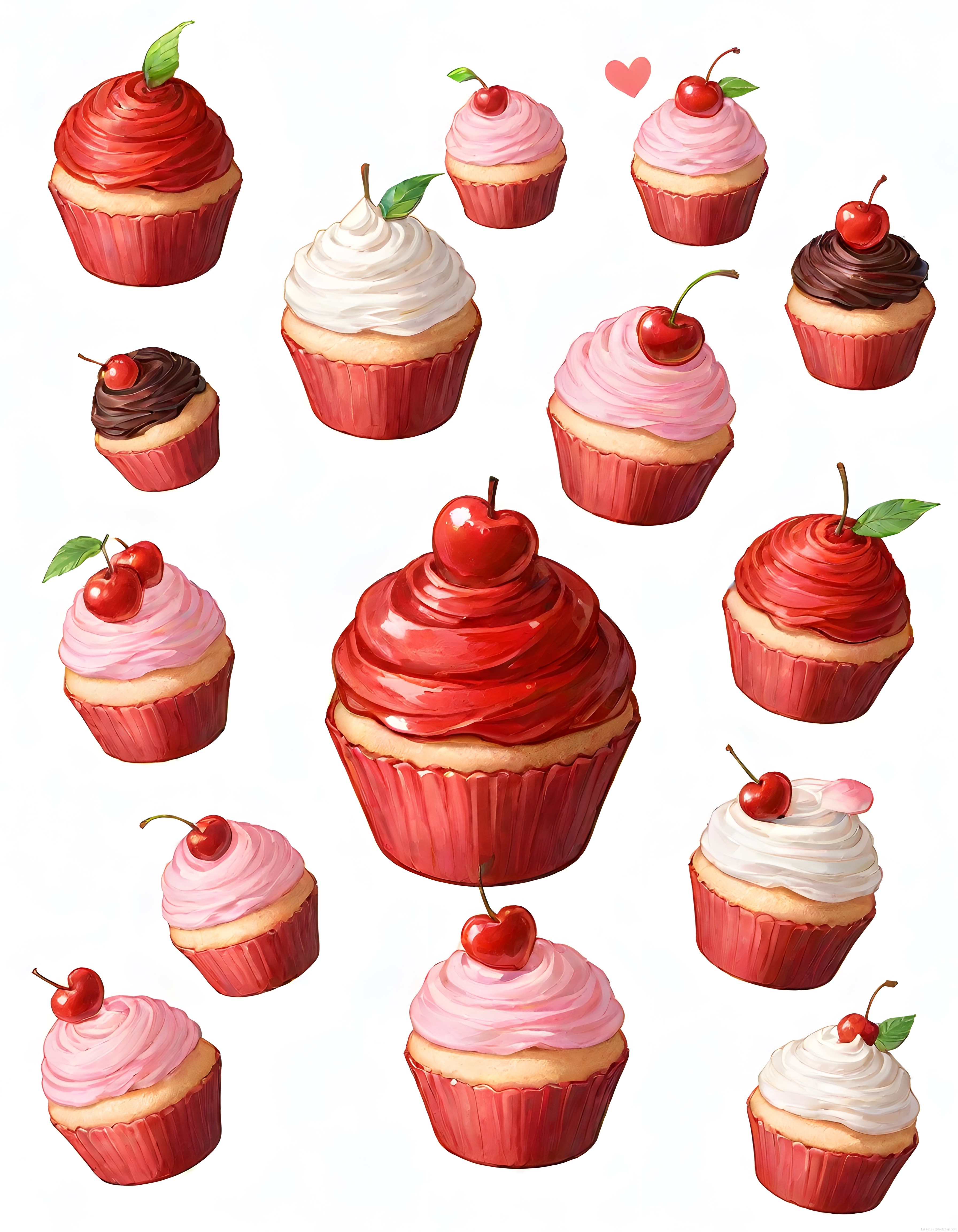 Beyaz Fon Üzerinde Kiraz Süslemeli Renkli Cupcake ve Kapkek Çizimleri
