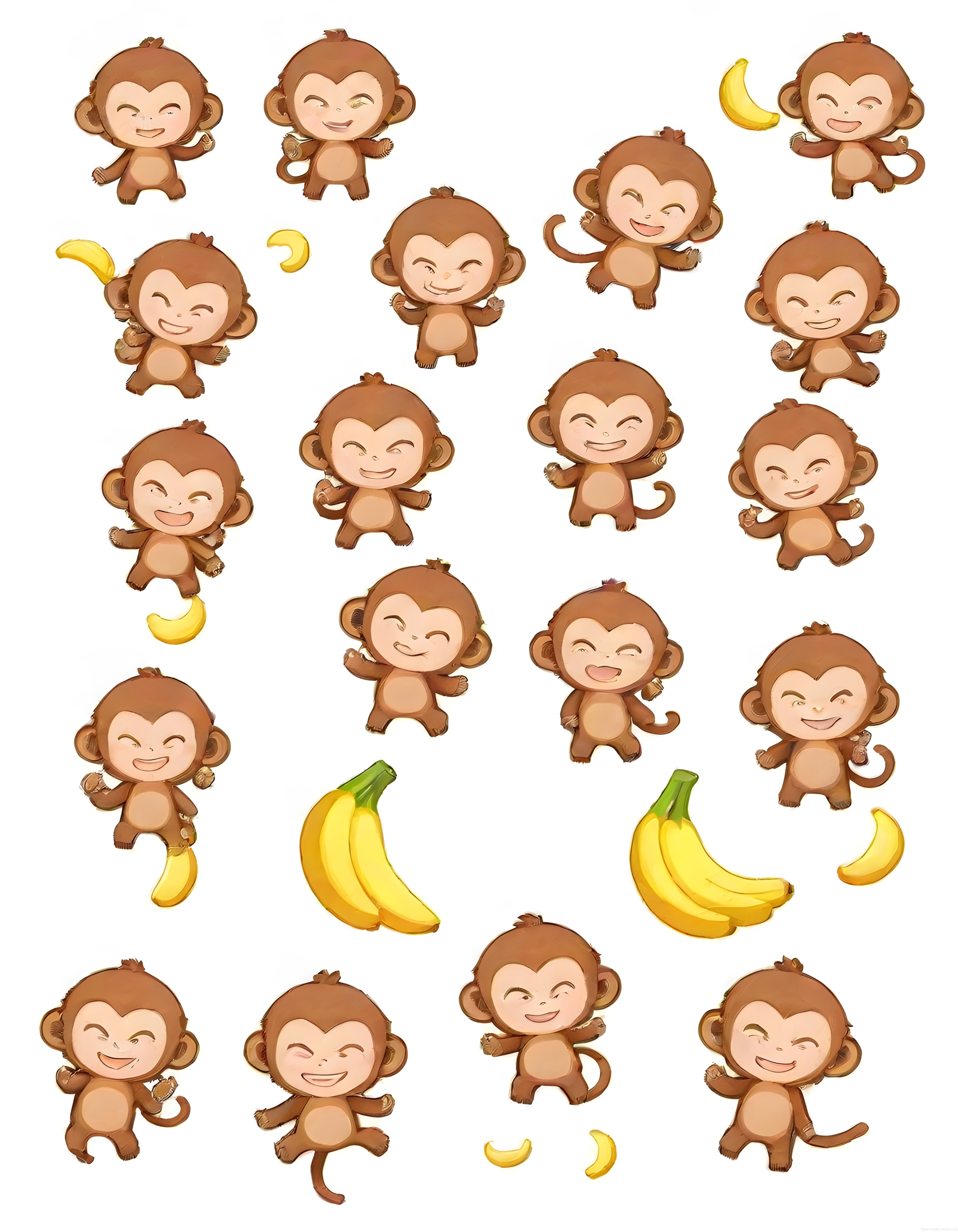 Beyaz Fon Üzerinde Neşeli Chibi Maymun ve Muz Çizimleri Koleksiyonu