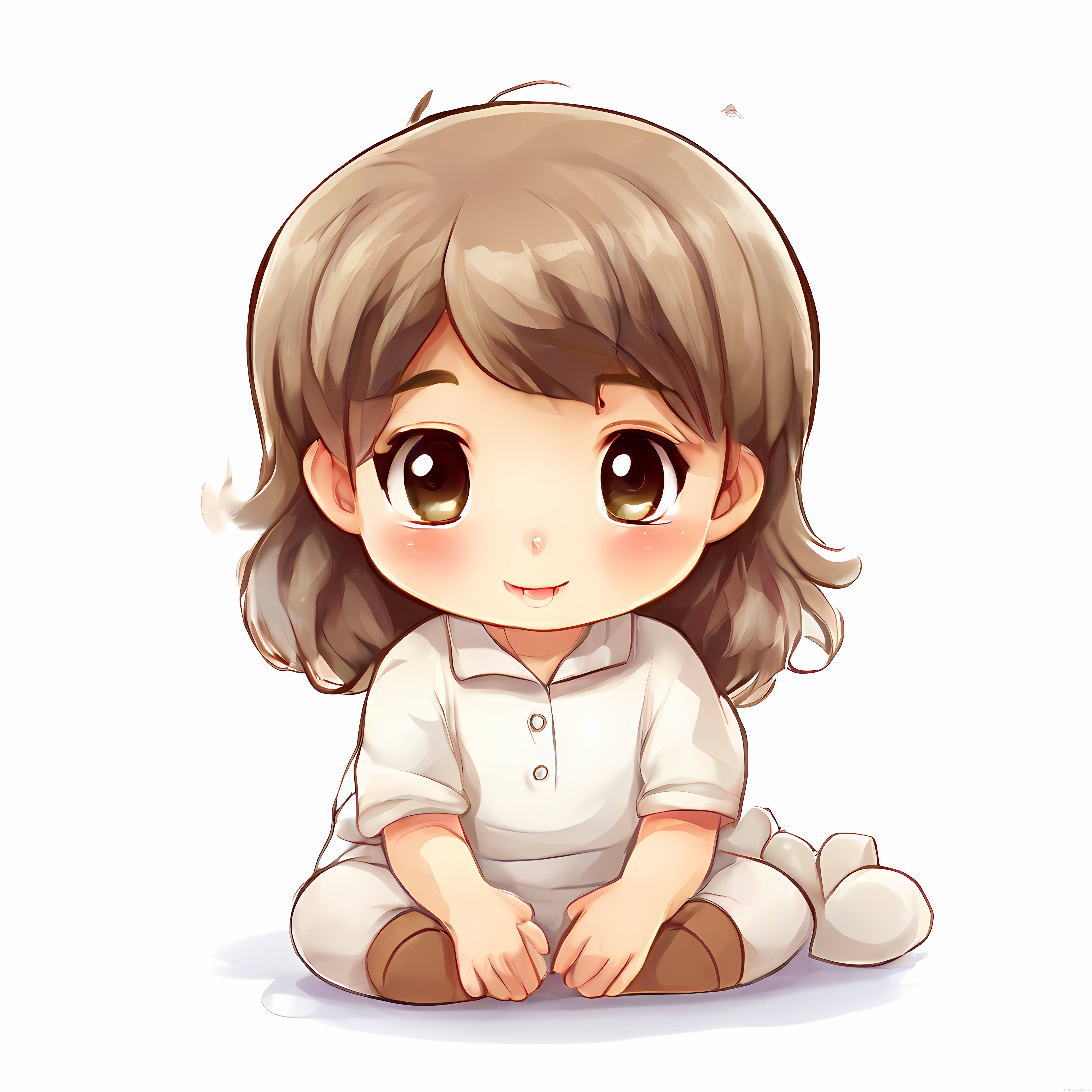 Beyaz fon üzerinde oturan sevimli chibi anime kız karakteri dijital çizim