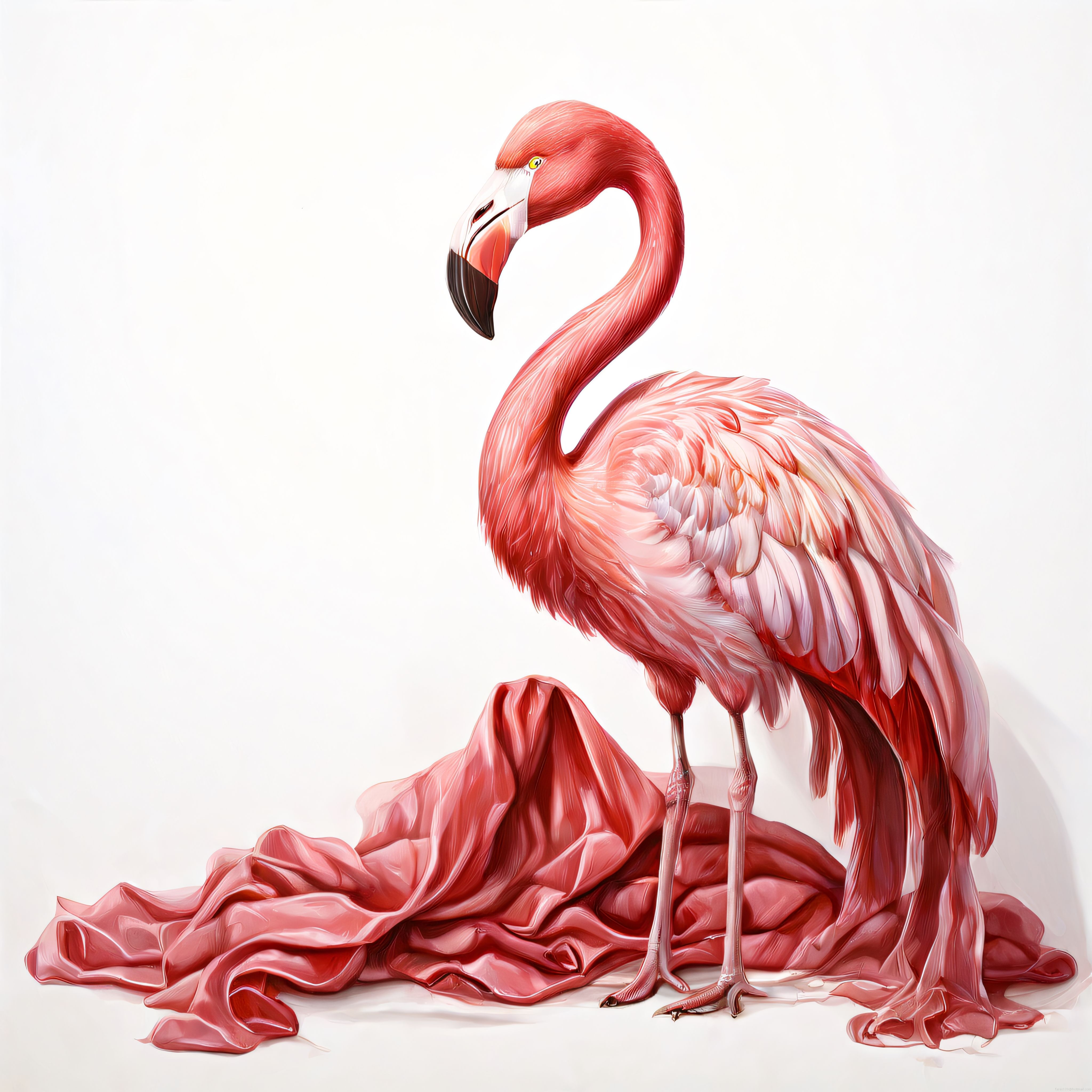 Beyaz Fon Üzerinde Sanatsal Pembe Flamingo ve İpeksi Kumaş Detayları
